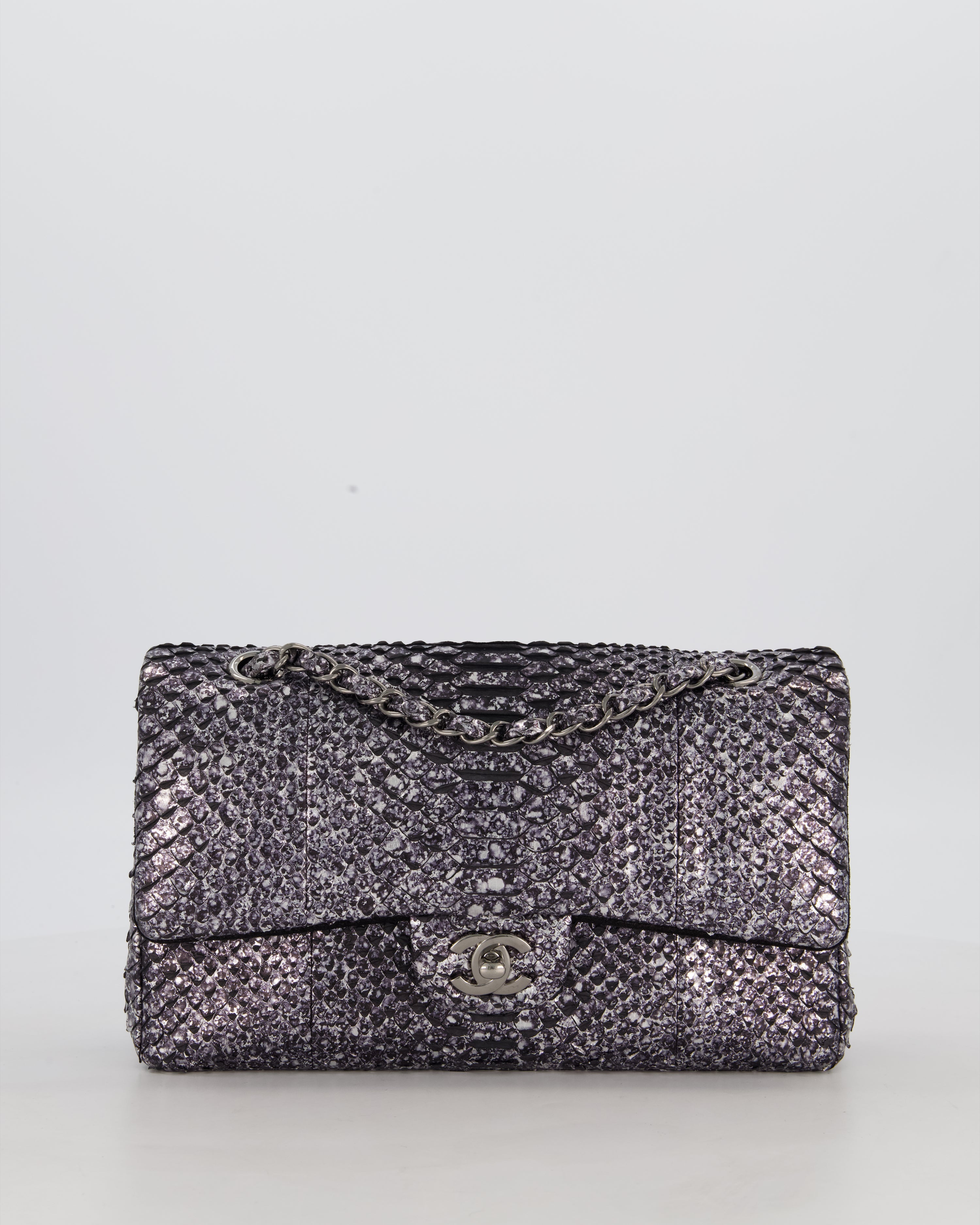 *RARE* Chanel Medium Double Flap Bag in Metallic Silver Python Leather with Gunmetal Hardware