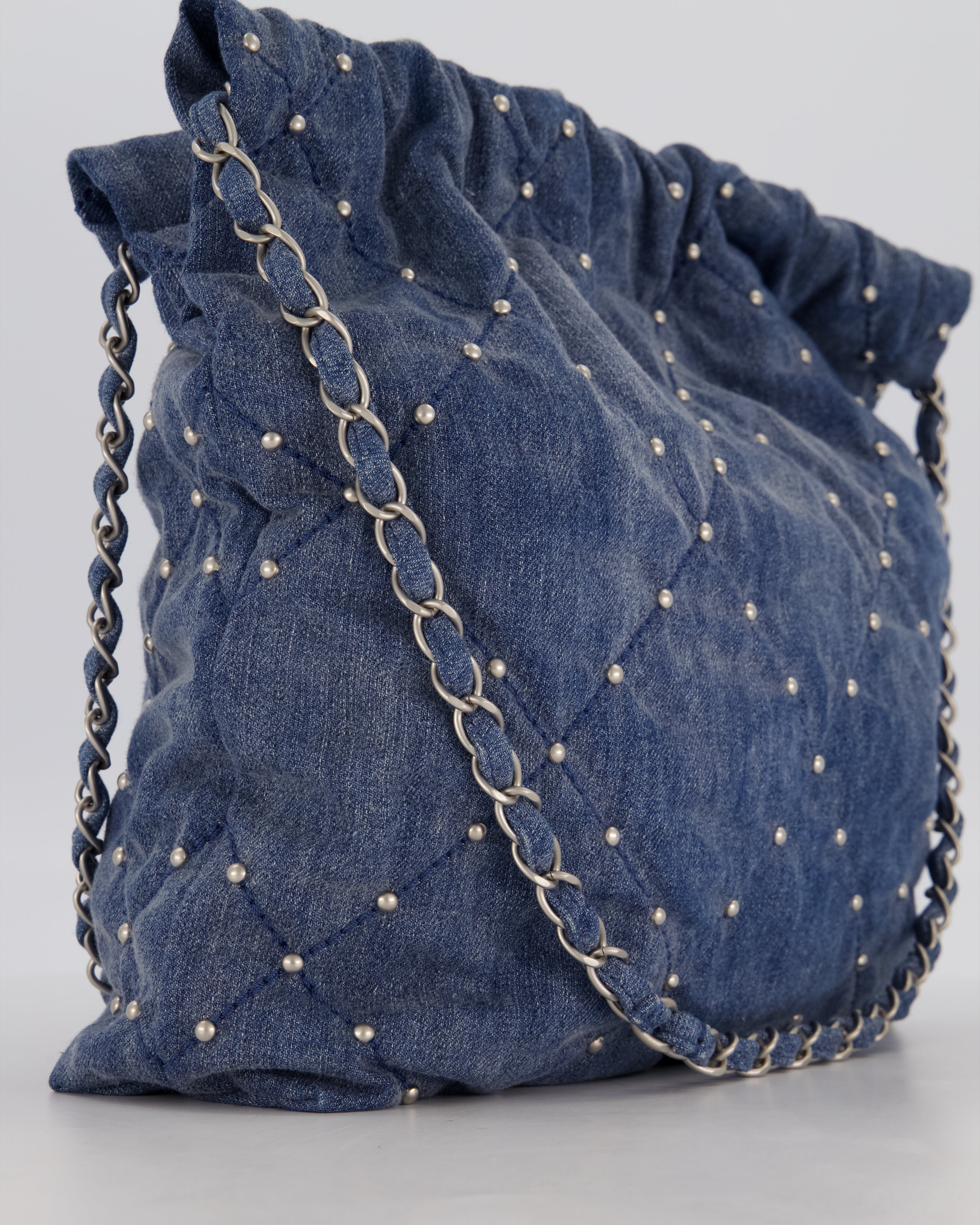 Chanel Small 22 Bag in Quilted Denim Fabric with Silver Studs and Brushed Silver Hardware