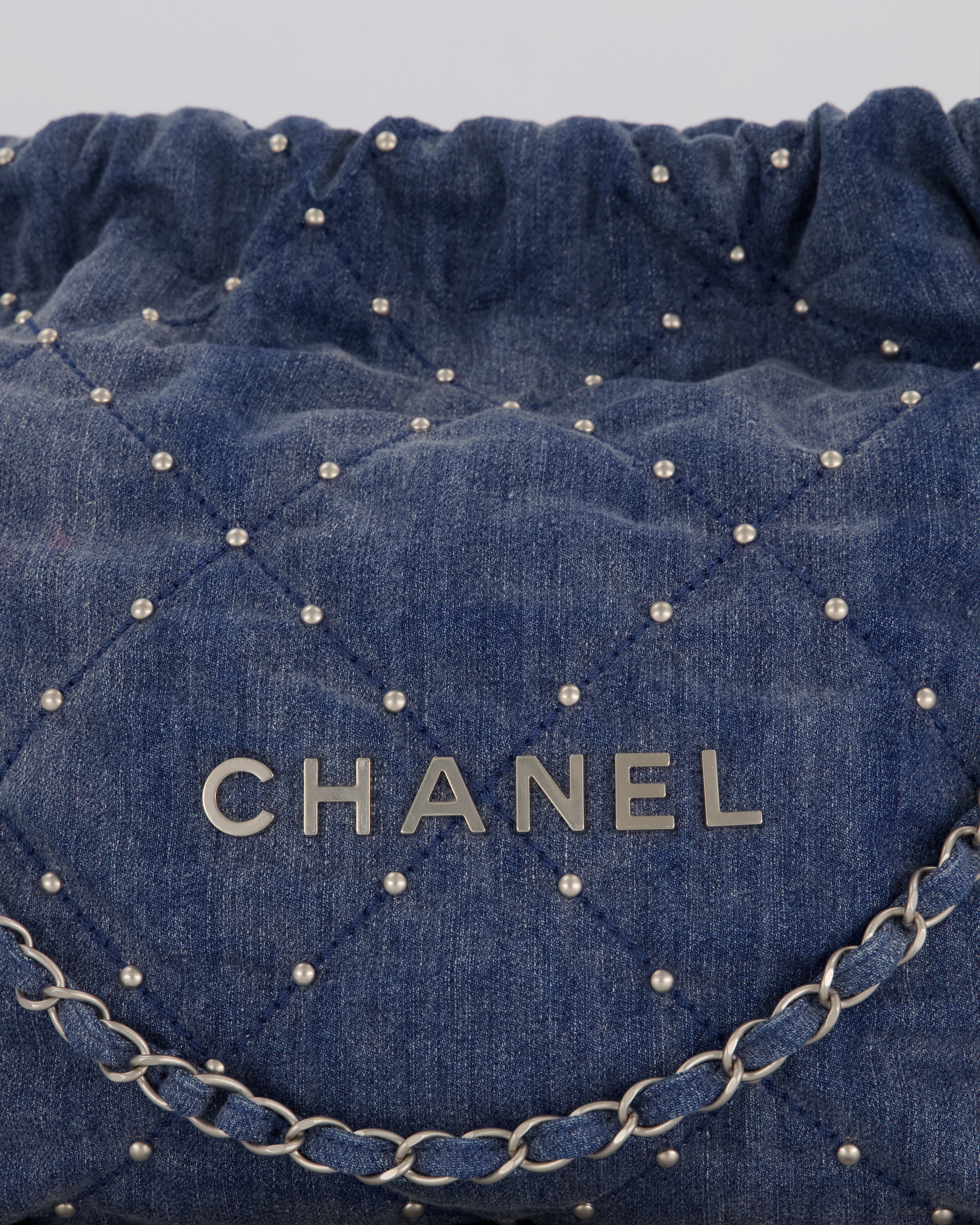 Chanel Small 22 Bag in Quilted Denim Fabric with Silver Studs and Brushed Silver Hardware