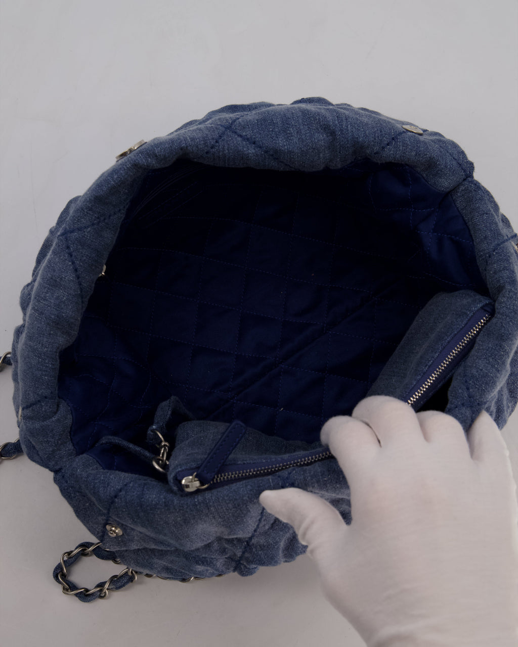 Chanel Small 22 Bag in Quilted Denim Fabric with Silver Studs and Brushed Silver Hardware