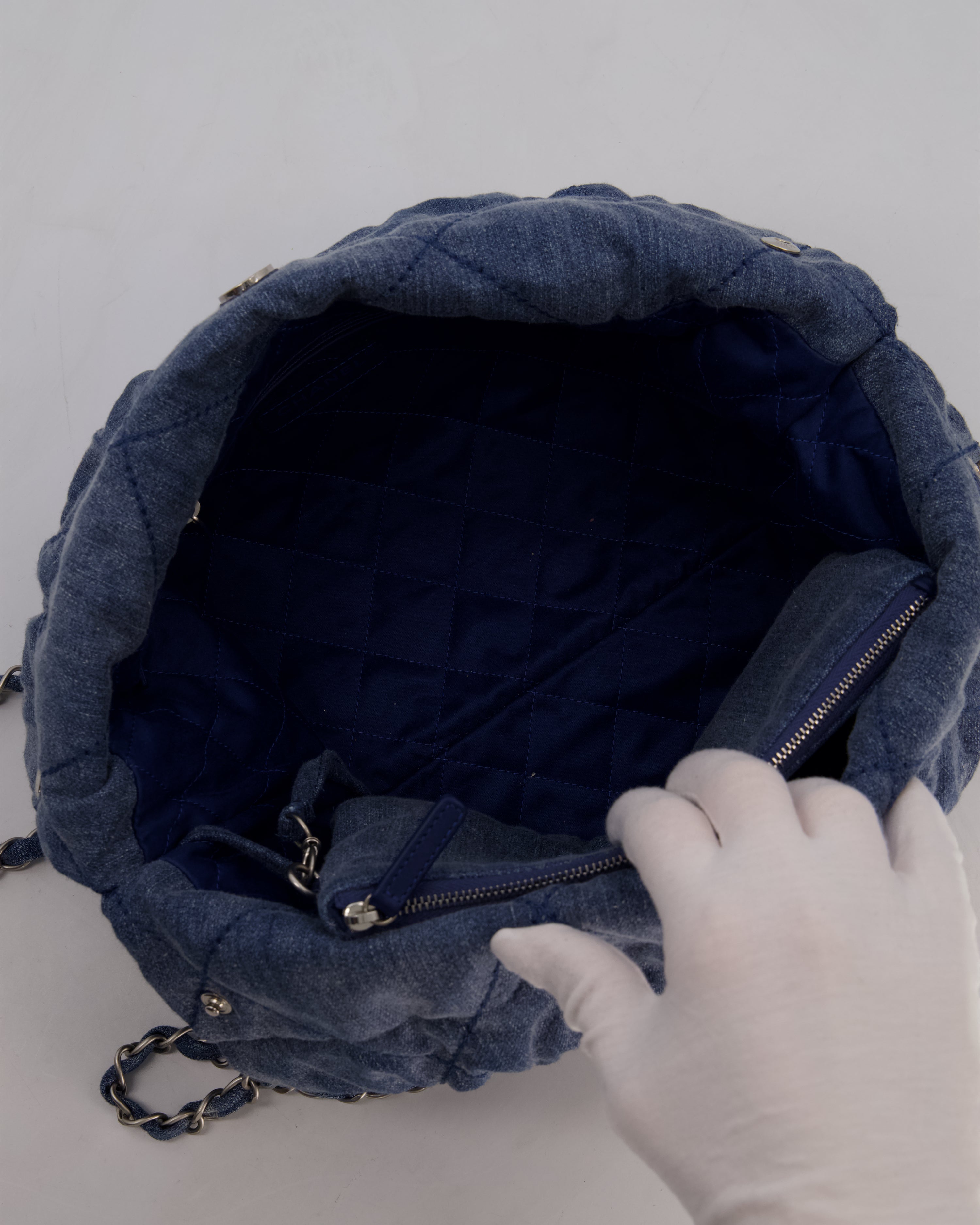 Chanel Small 22 Bag in Quilted Denim Fabric with Silver Studs and Brushed Silver Hardware