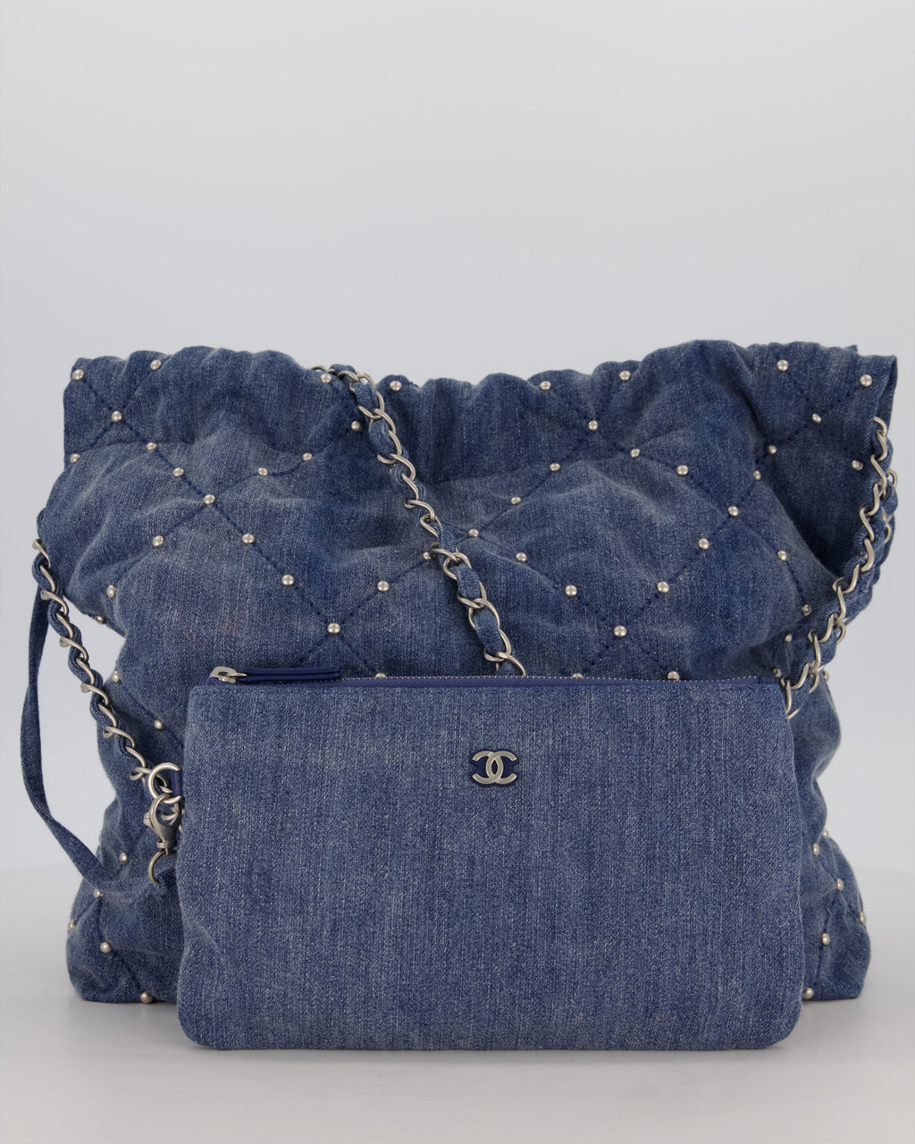 Chanel Small 22 Bag in Quilted Denim Fabric with Silver Studs and Brushed Silver Hardware