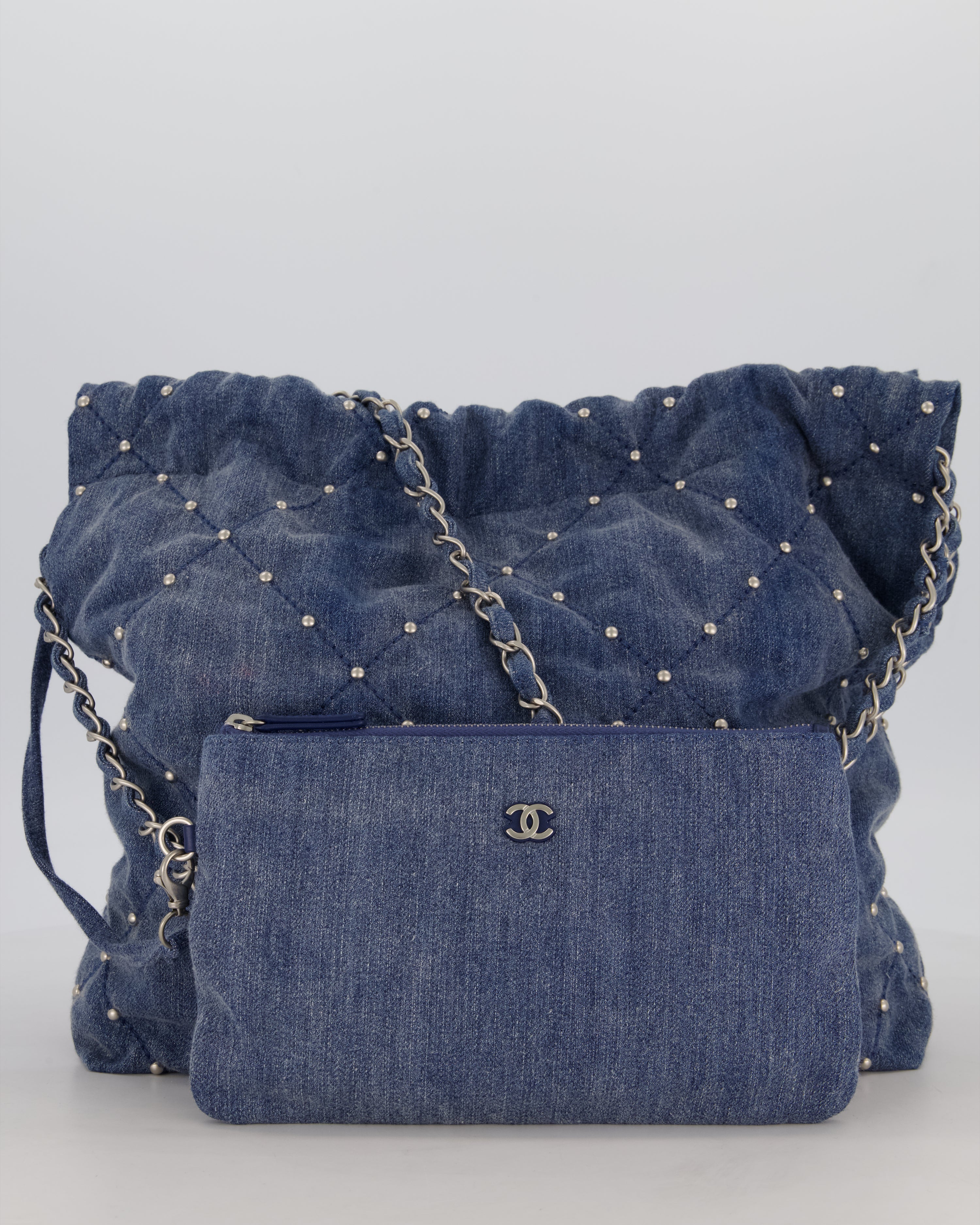 Chanel Small 22 Bag in Quilted Denim Fabric with Silver Studs and Brushed Silver Hardware