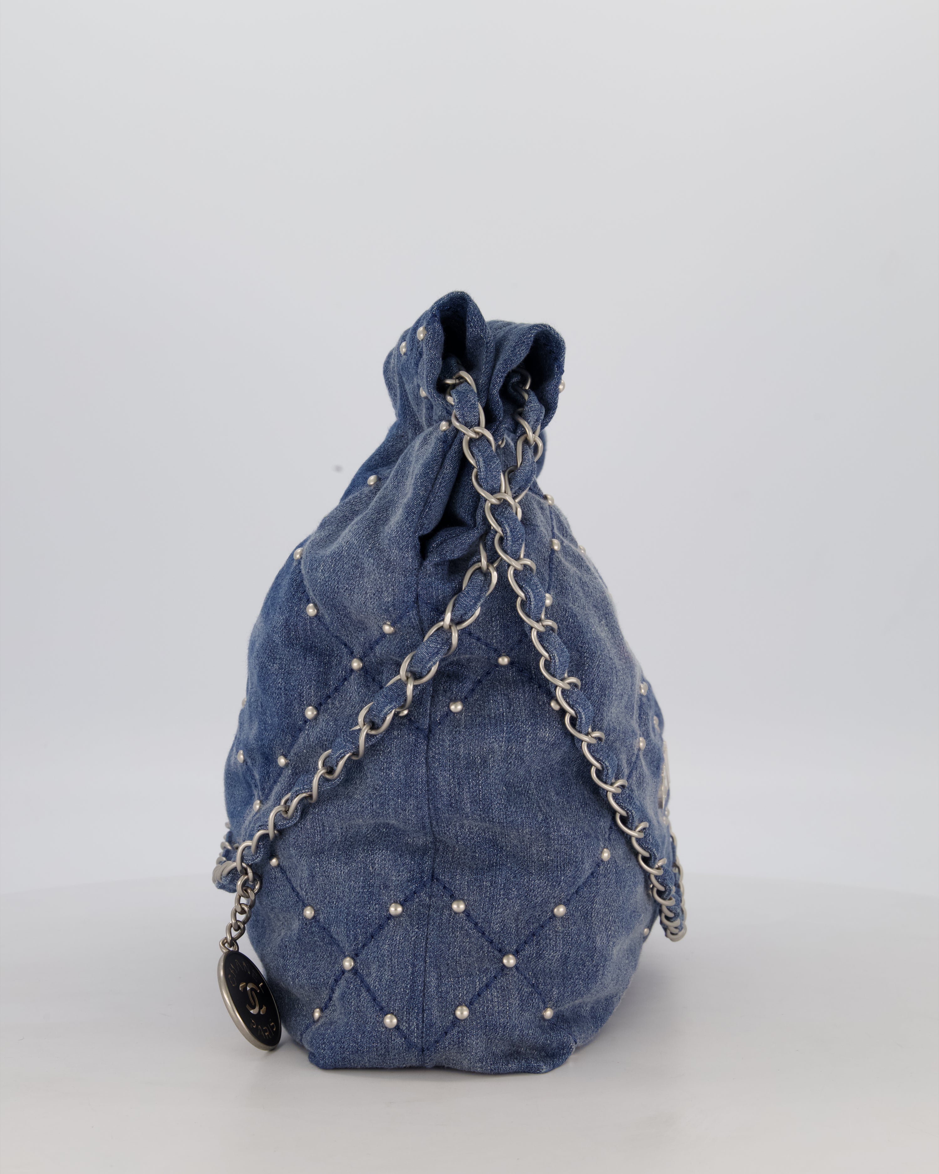 Chanel Small 22 Bag in Quilted Denim Fabric with Silver Studs and Brushed Silver Hardware