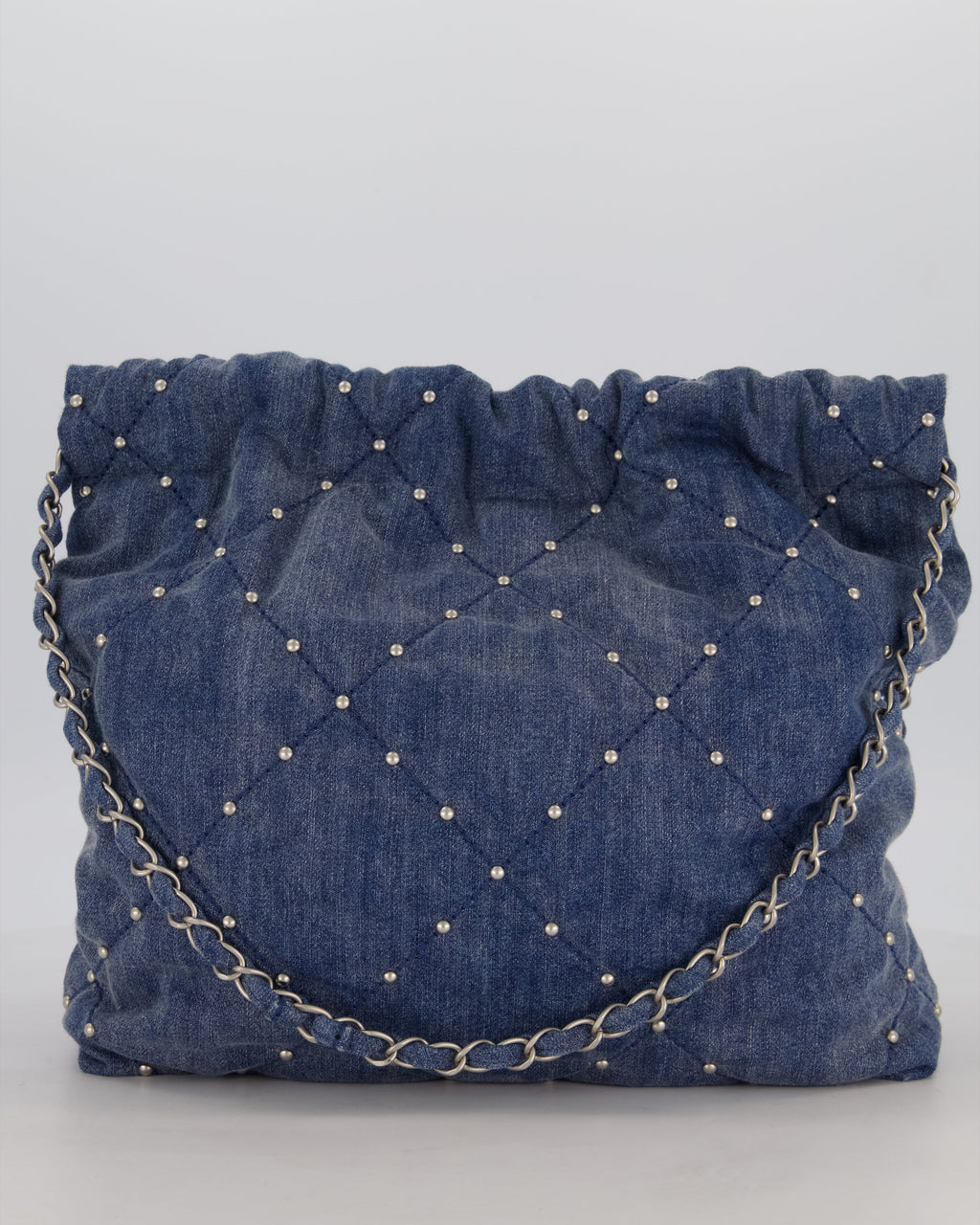 Chanel Small 22 Bag in Quilted Denim Fabric with Silver Studs and Brushed Silver Hardware