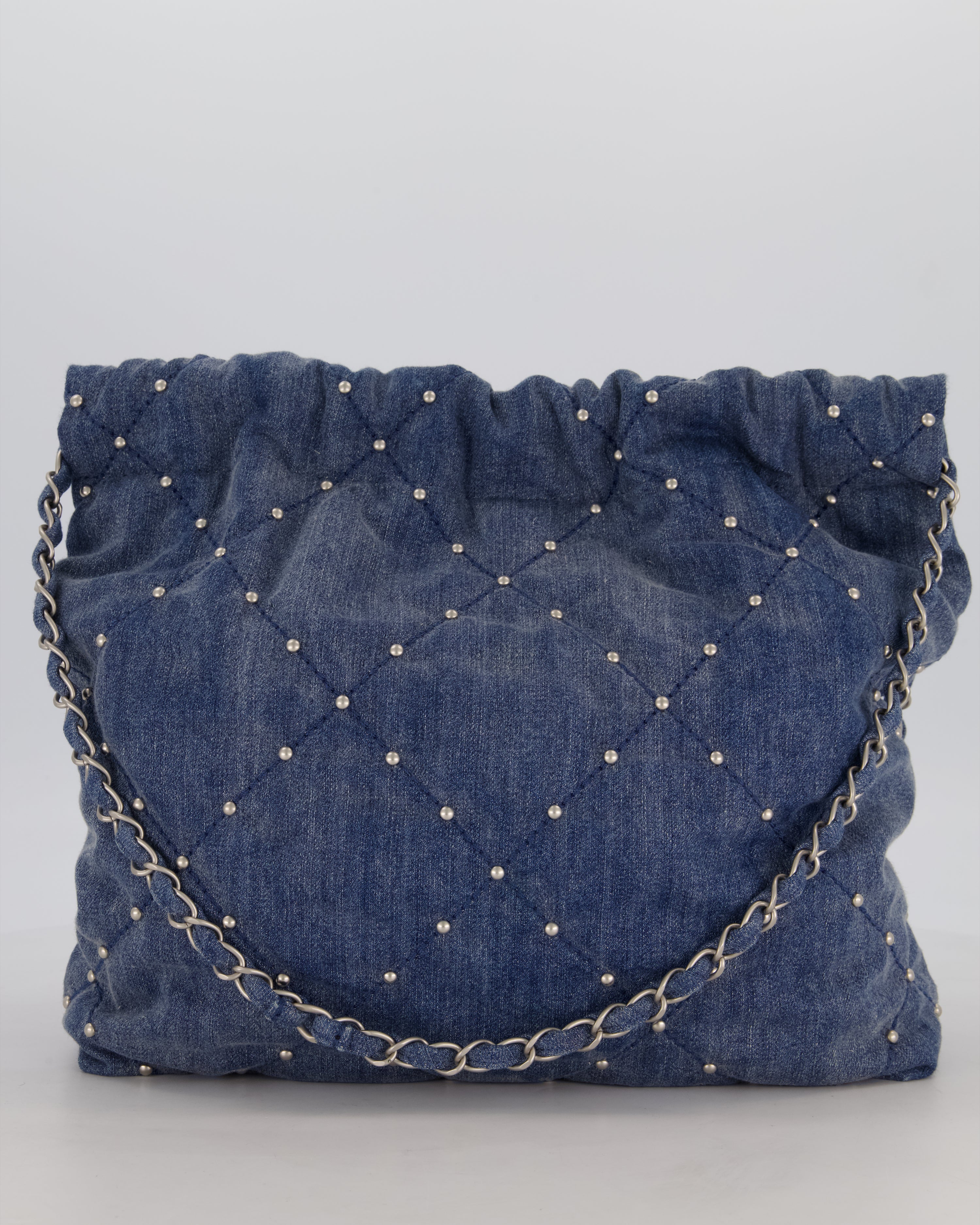Chanel Small 22 Bag in Quilted Denim Fabric with Silver Studs and Brushed Silver Hardware