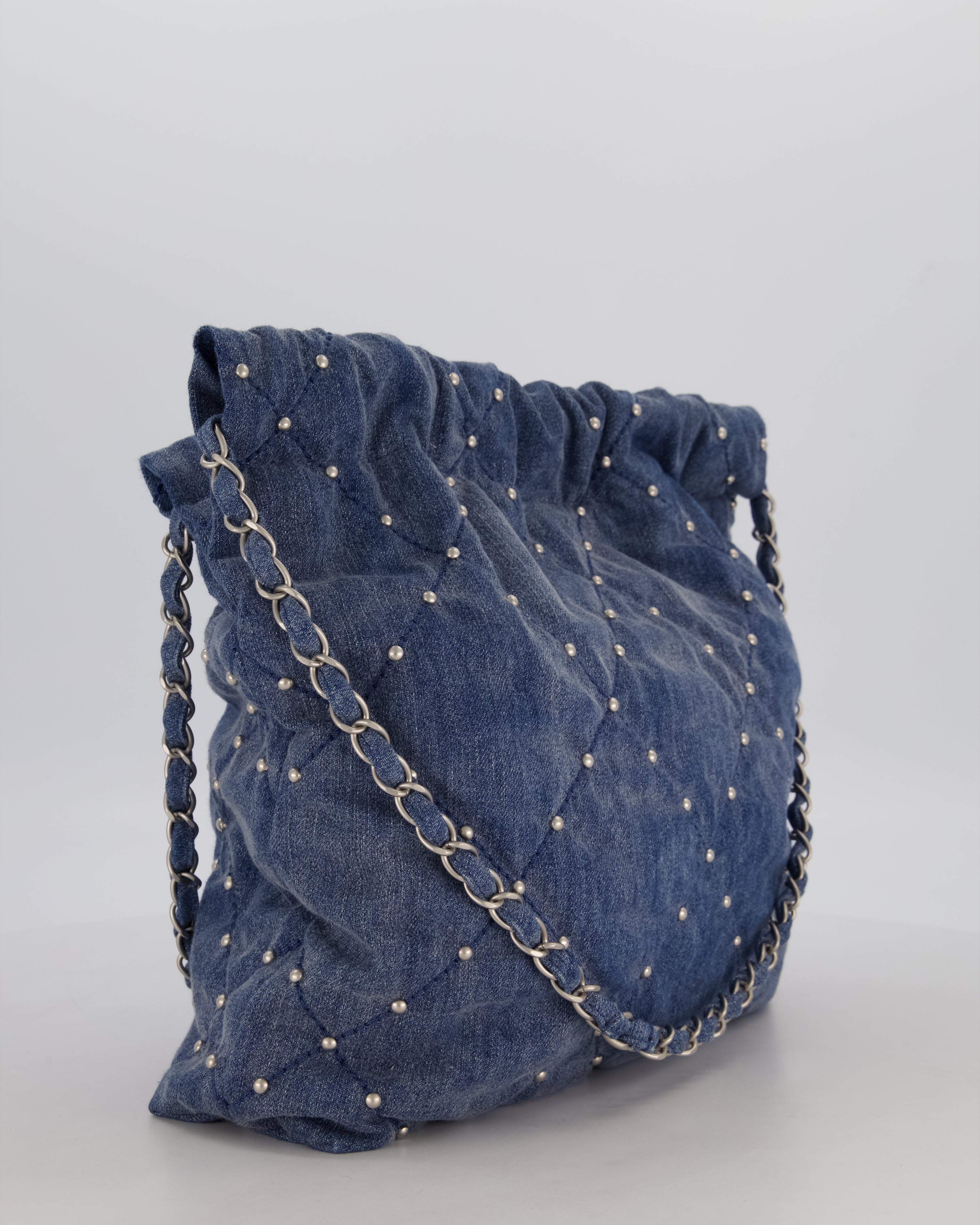 Chanel Small 22 Bag in Quilted Denim Fabric with Silver Studs and Brushed Silver Hardware