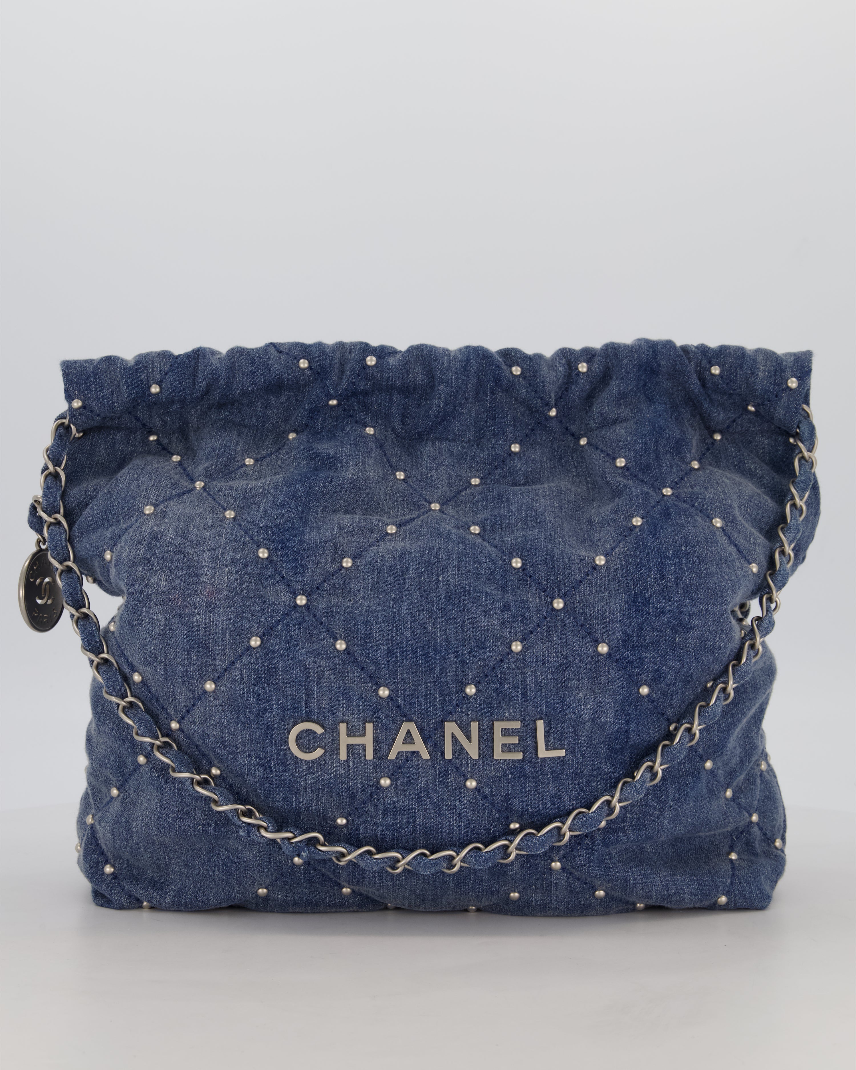Chanel Small 22 Bag in Quilted Denim Fabric with Silver Studs and Brushed Silver Hardware