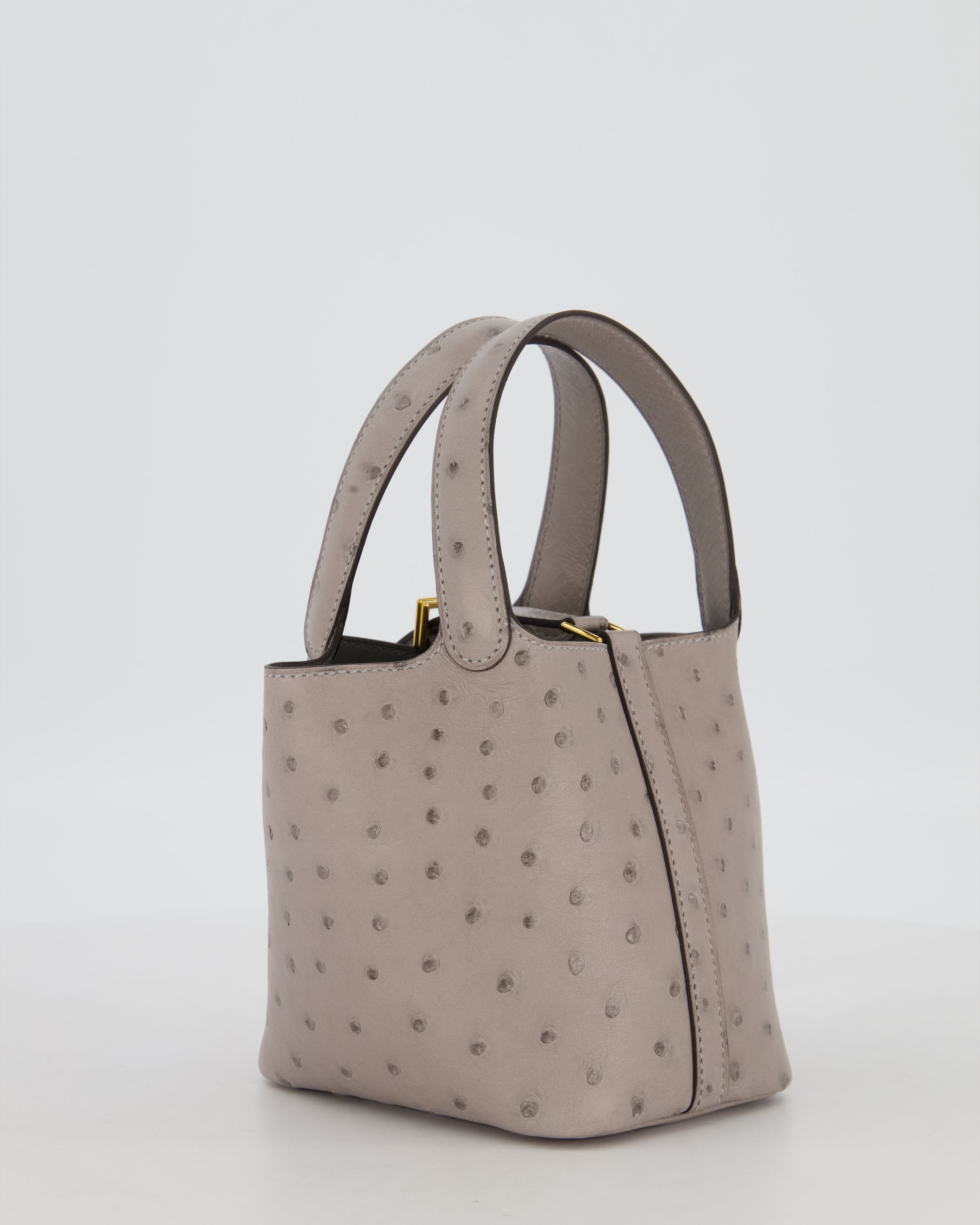 *HOT* Hermès Micro Picotin Lock Bag in Gris Mouette Ostrich Leather with Gold Hardware