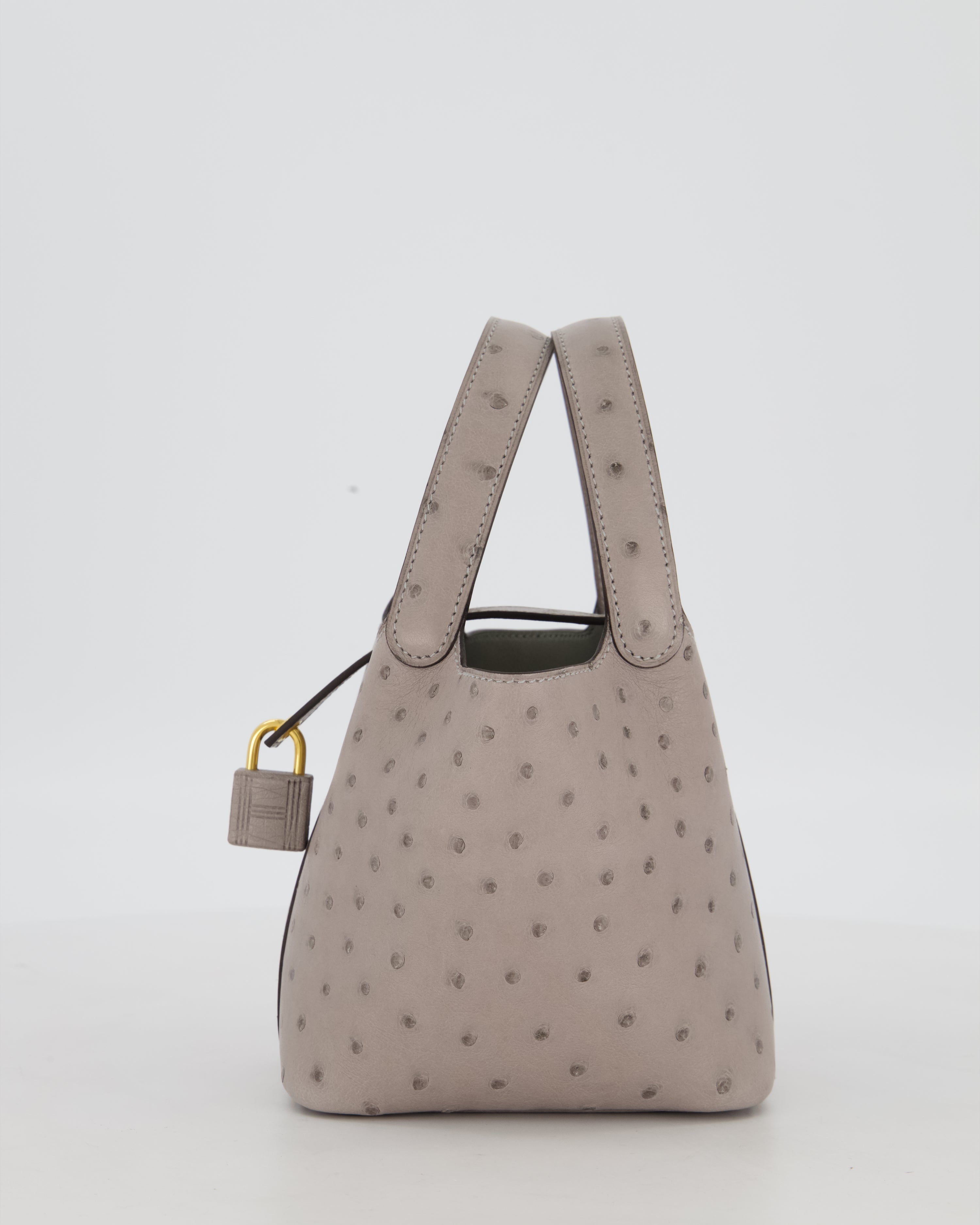*HOT* Hermès Micro Picotin Lock Bag in Gris Mouette Ostrich Leather with Gold Hardware