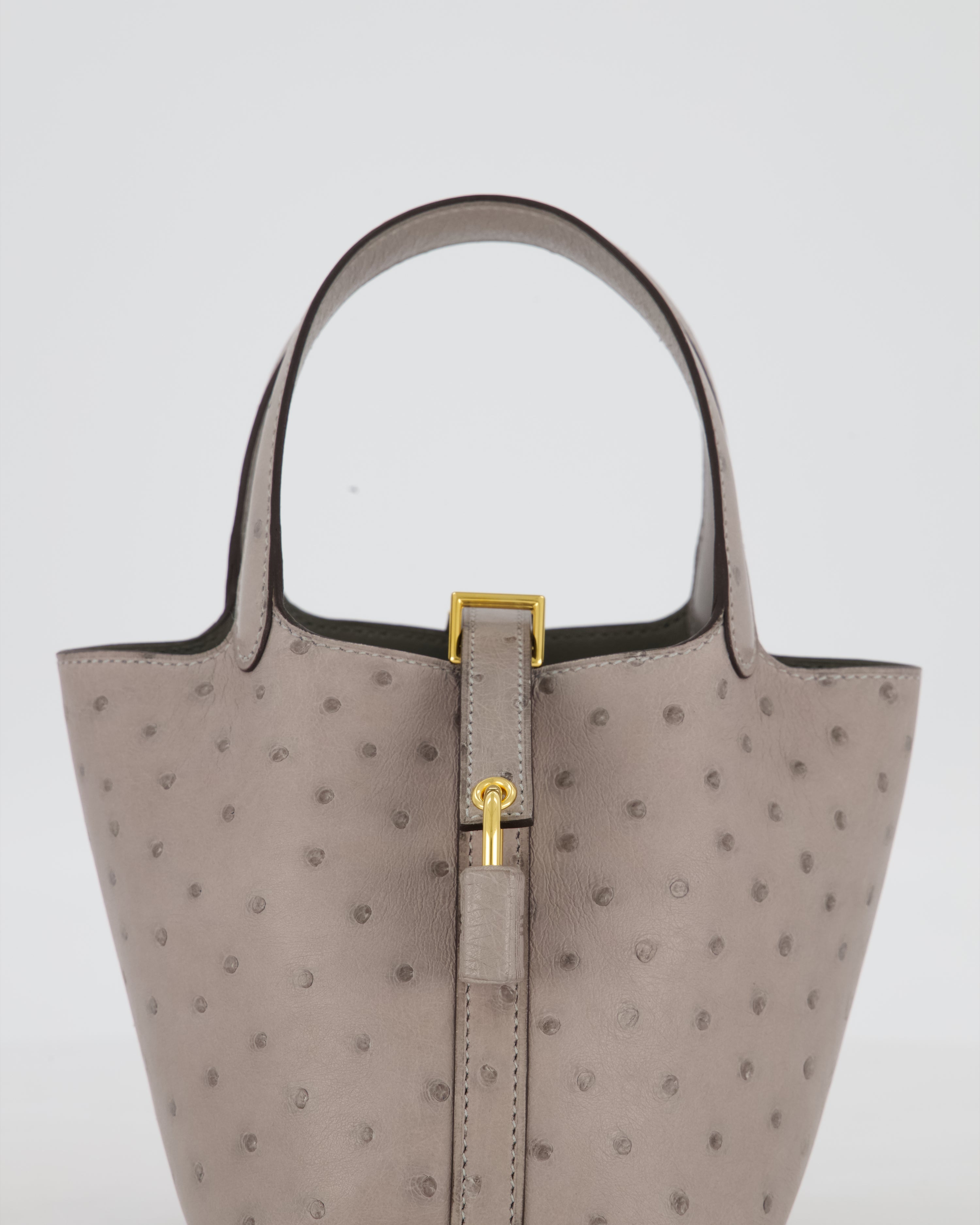*HOT* Hermès Micro Picotin Lock Bag in Gris Mouette Ostrich Leather with Gold Hardware