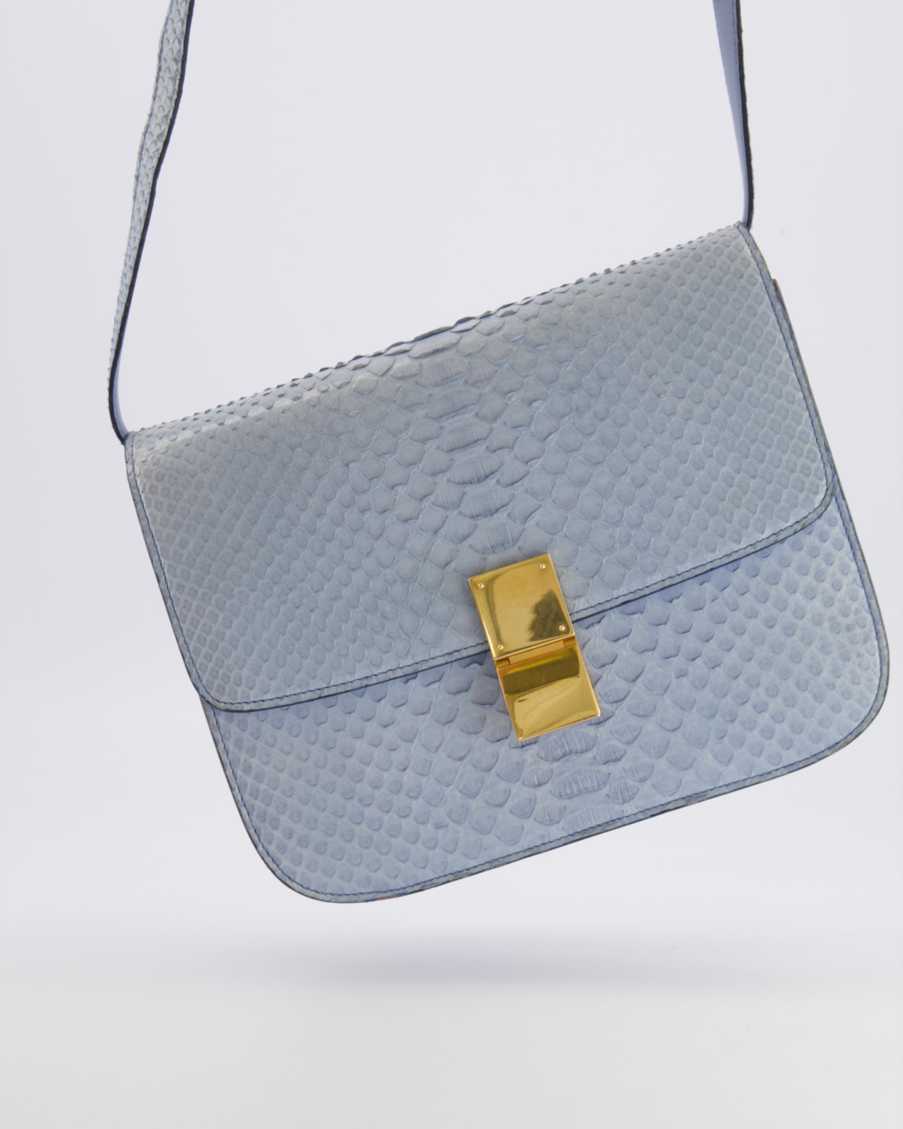 Céline Baby Blue Medium Box Shoulder Bag in Python Leather with Gold Hardware