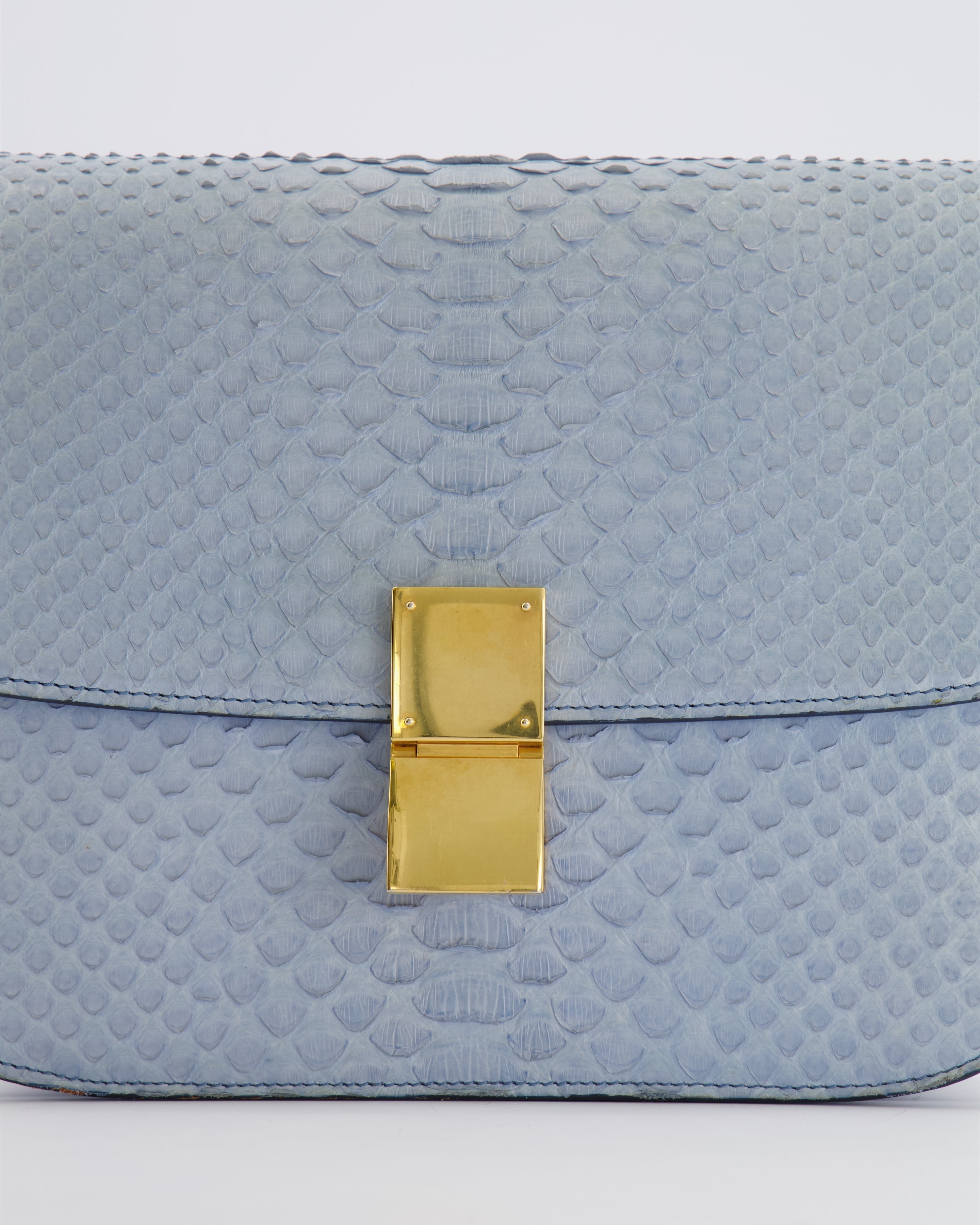 Céline Baby Blue Medium Box Shoulder Bag in Python Leather with Gold Hardware