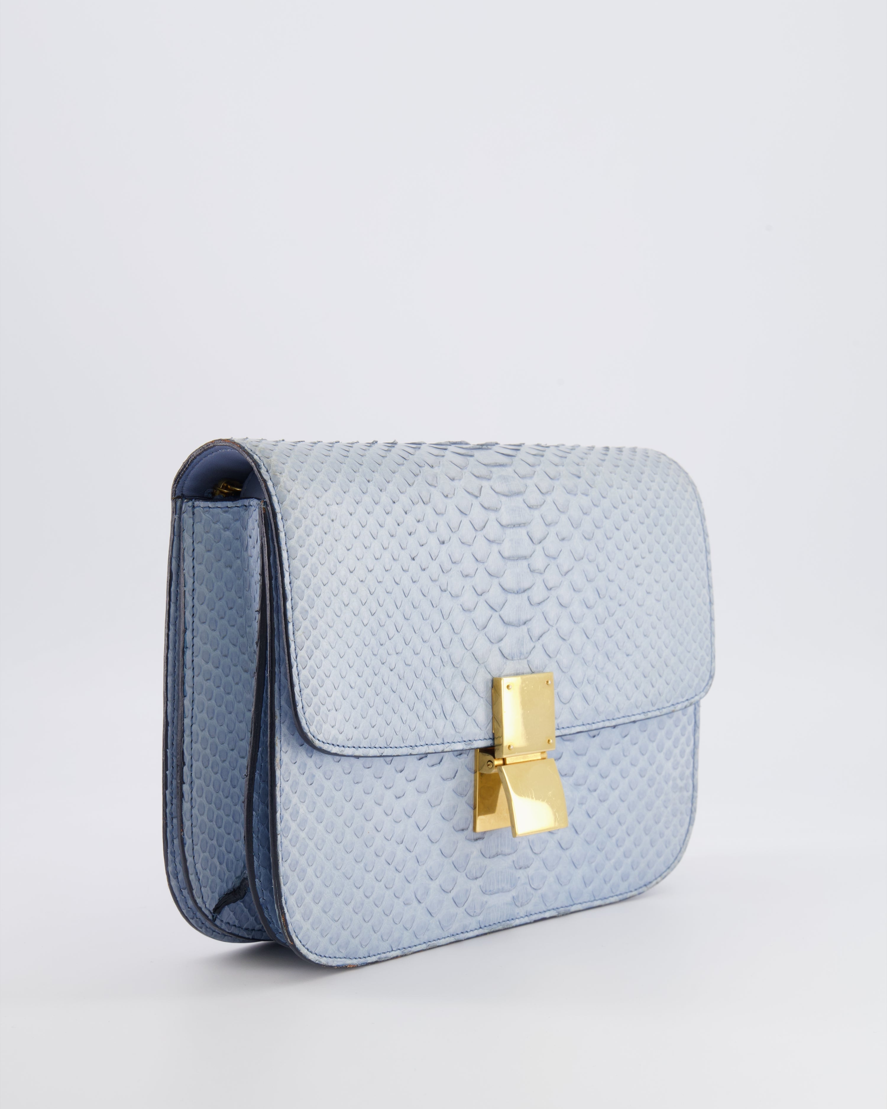 Céline Baby Blue Medium Box Shoulder Bag in Python Leather with Gold Hardware