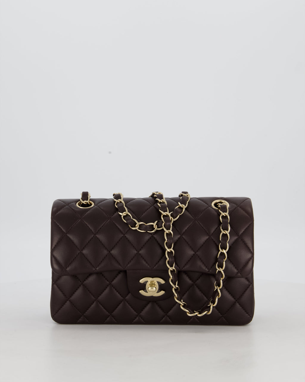 Chanel Brown Small Classic Double Flap Bag in Lambskin Leather with Champagne Gold Hardware