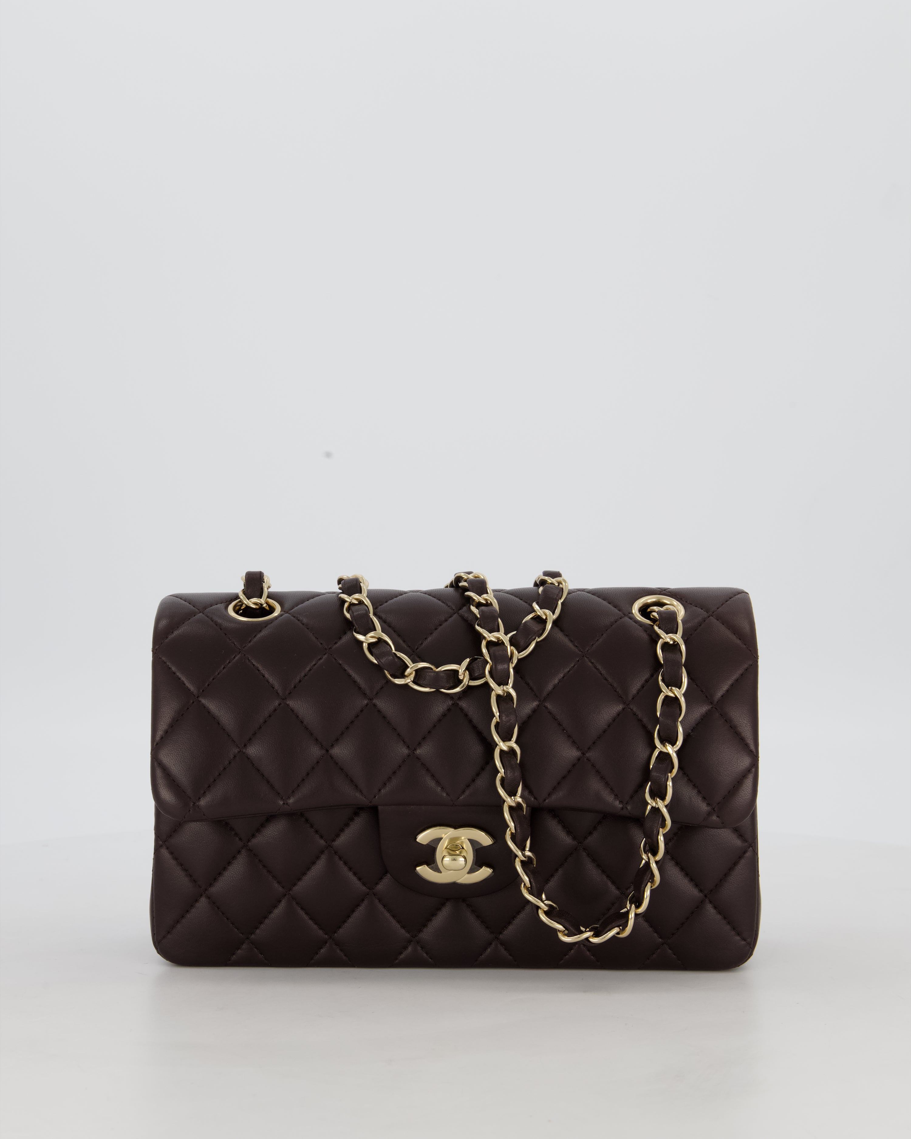 Chanel Brown Small Classic Double Flap Bag in Lambskin Leather with Champagne Gold Hardware