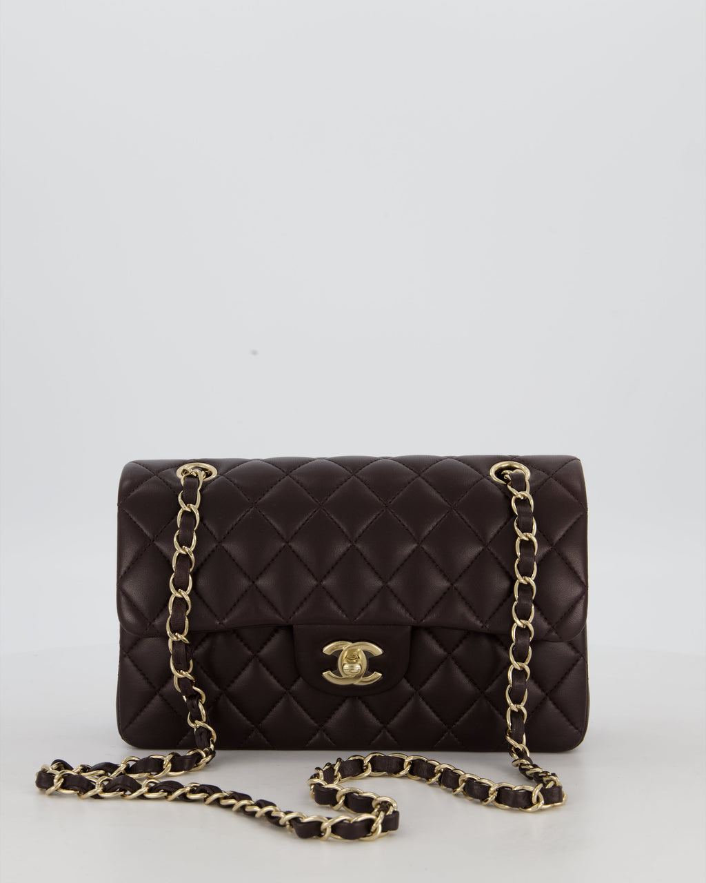 Chanel Brown Small Classic Double Flap Bag in Lambskin Leather with Champagne Gold Hardware