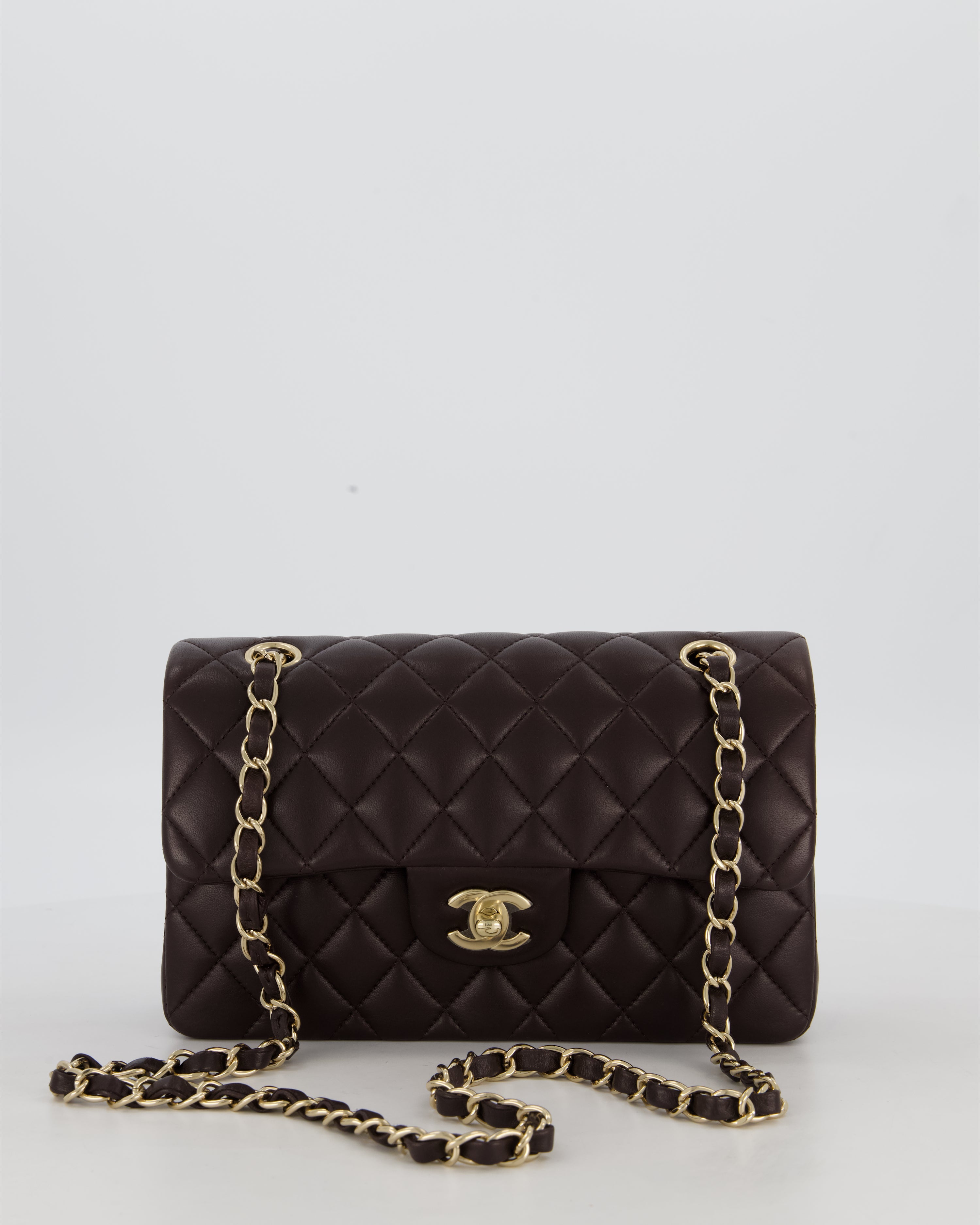 Chanel Brown Small Classic Double Flap Bag in Lambskin Leather with Champagne Gold Hardware