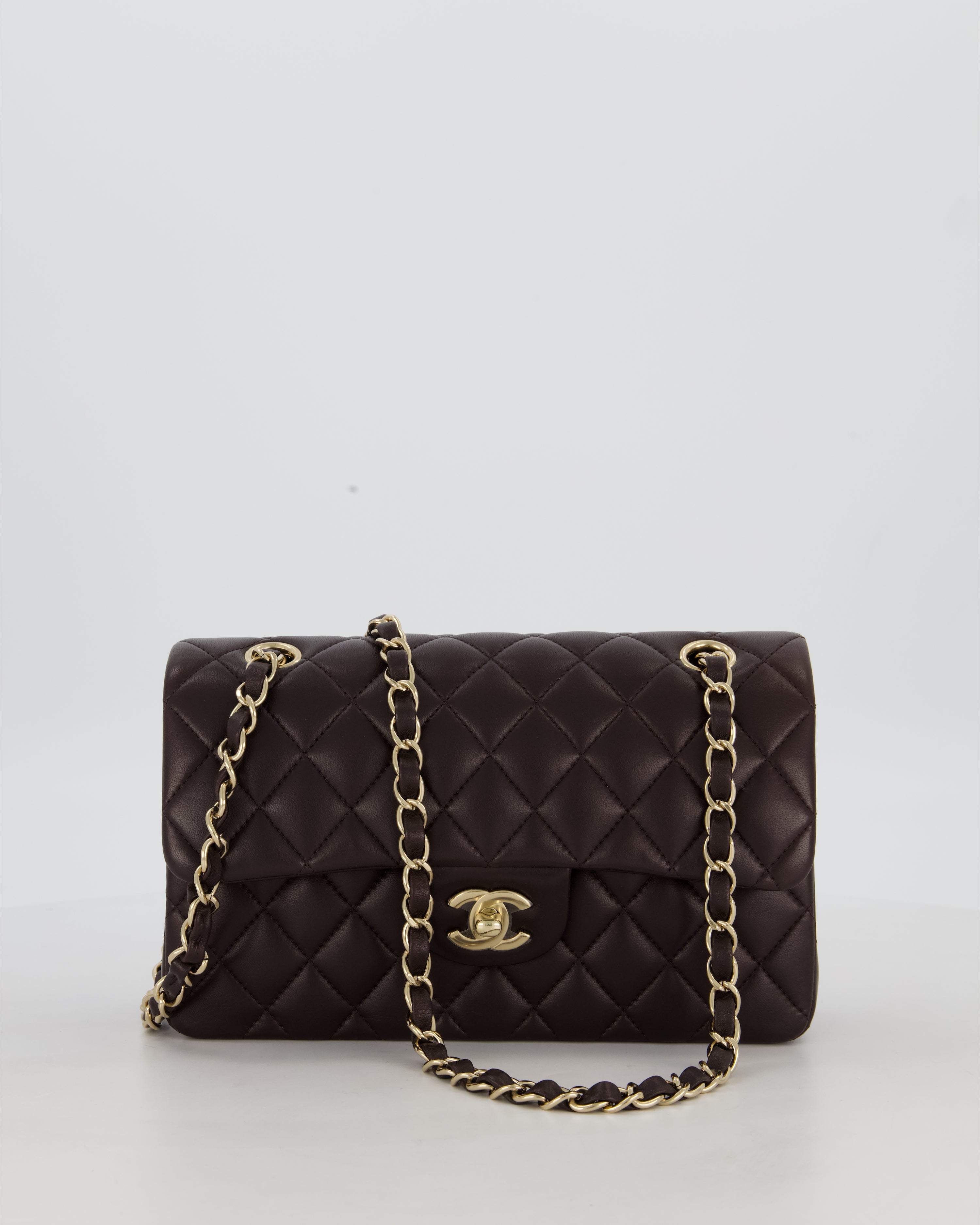 Chanel Brown Small Classic Double Flap Bag in Lambskin Leather with Champagne Gold Hardware