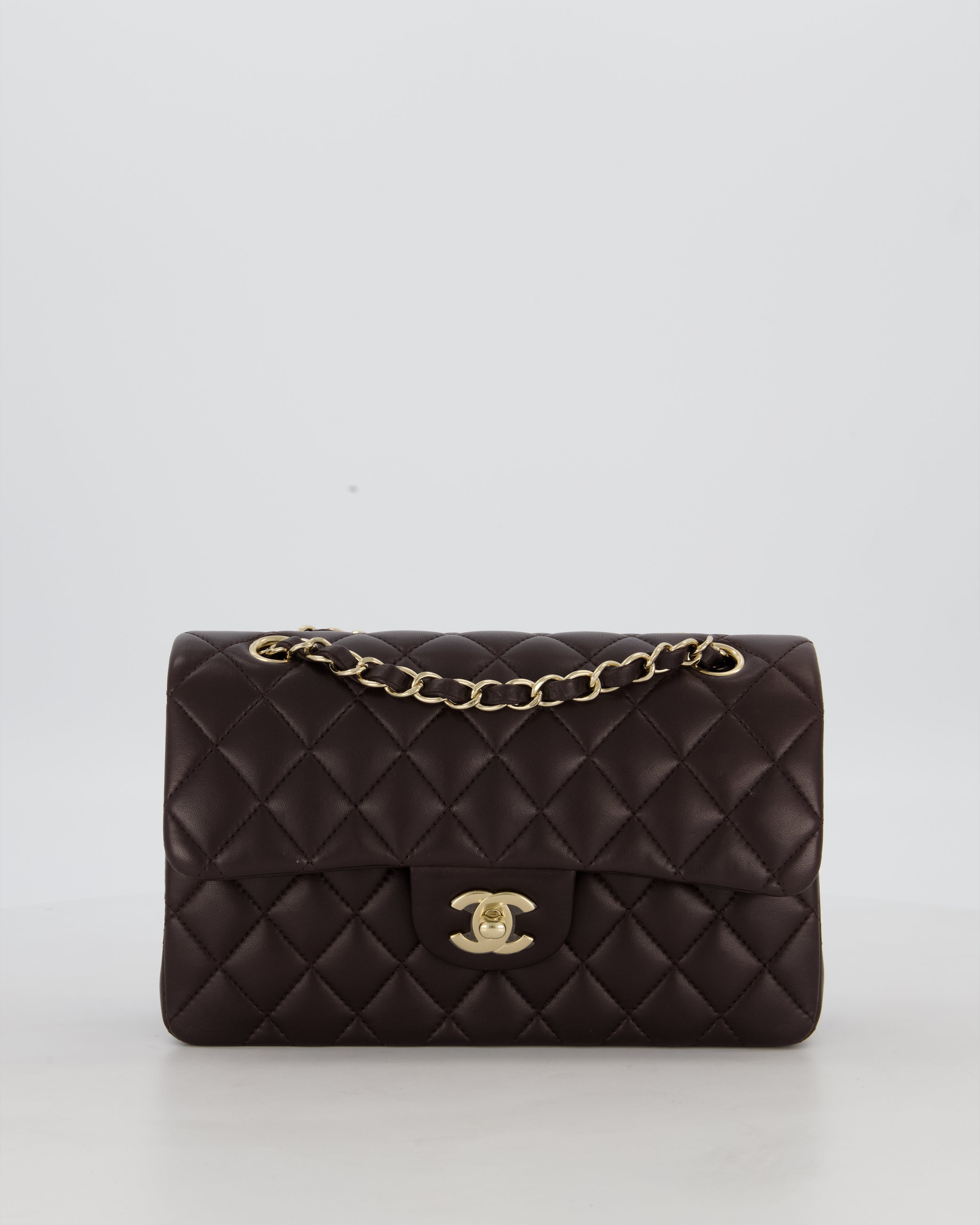 Chanel Brown Small Classic Double Flap Bag in Lambskin Leather with Champagne Gold Hardware