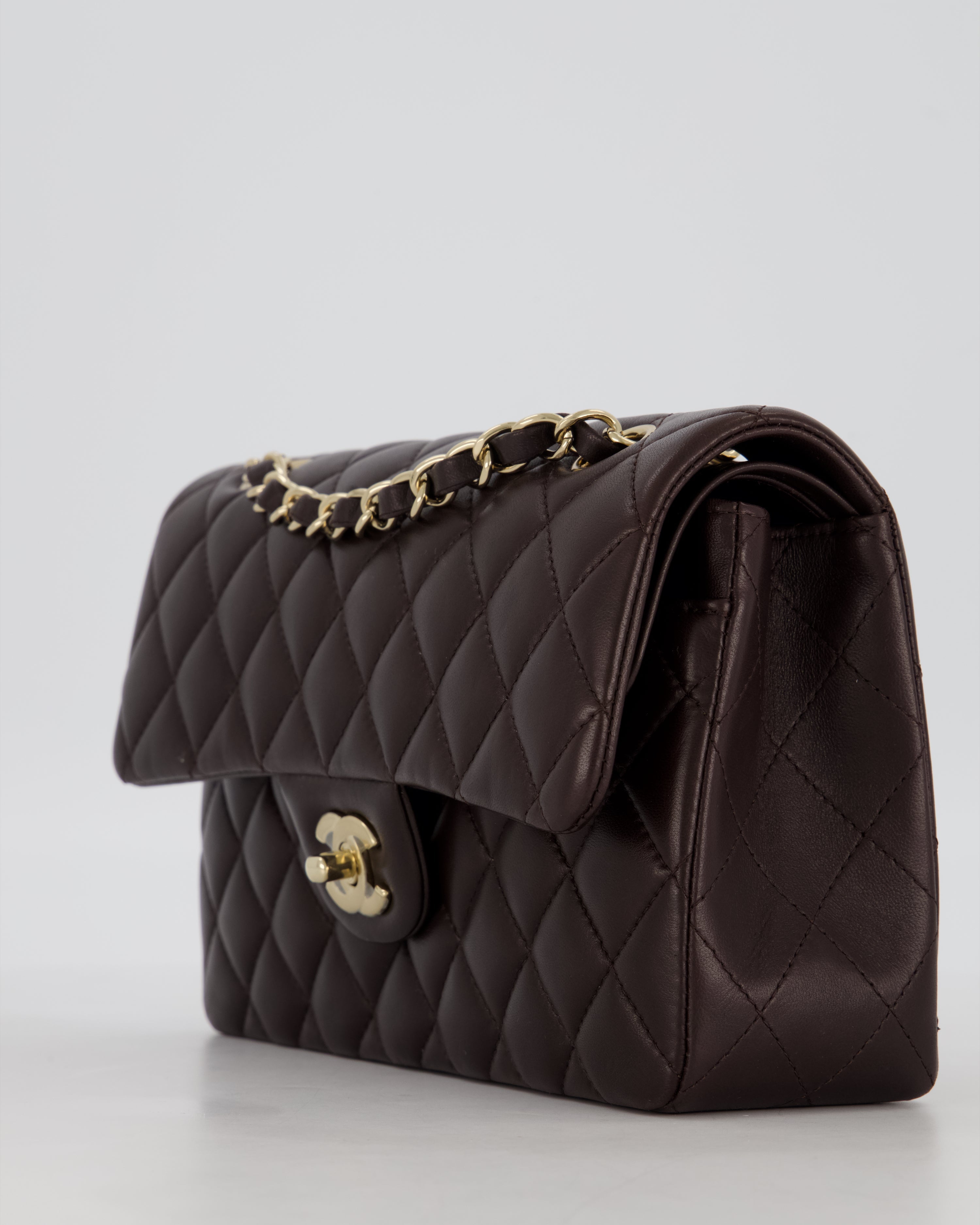 Chanel Brown Small Classic Double Flap Bag in Lambskin Leather with Champagne Gold Hardware