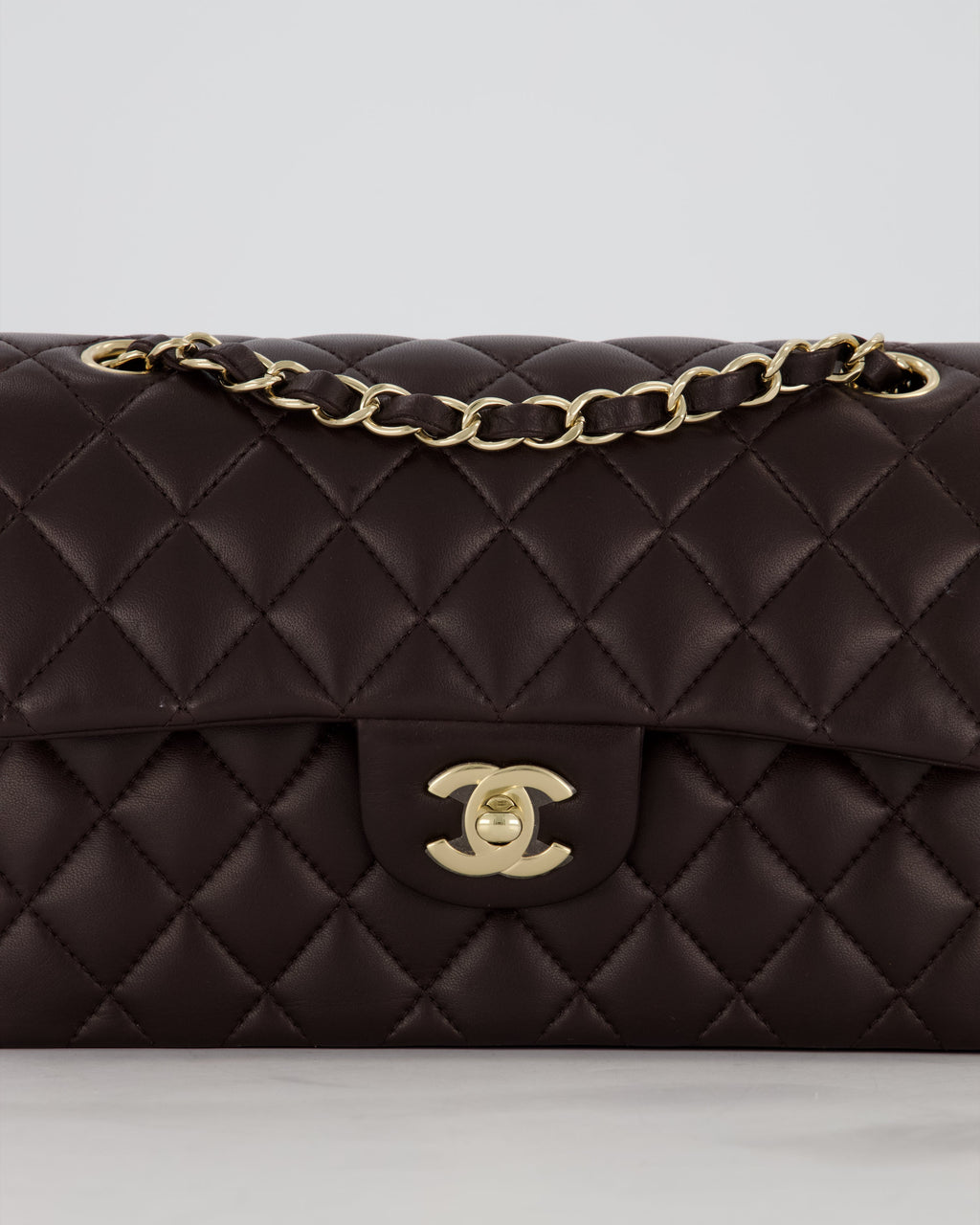 Chanel Brown Small Classic Double Flap Bag in Lambskin Leather with Champagne Gold Hardware