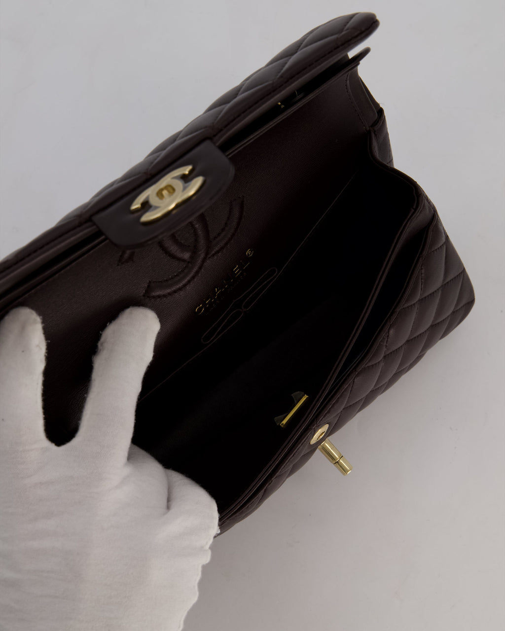 Chanel Brown Small Classic Double Flap Bag in Lambskin Leather with Champagne Gold Hardware