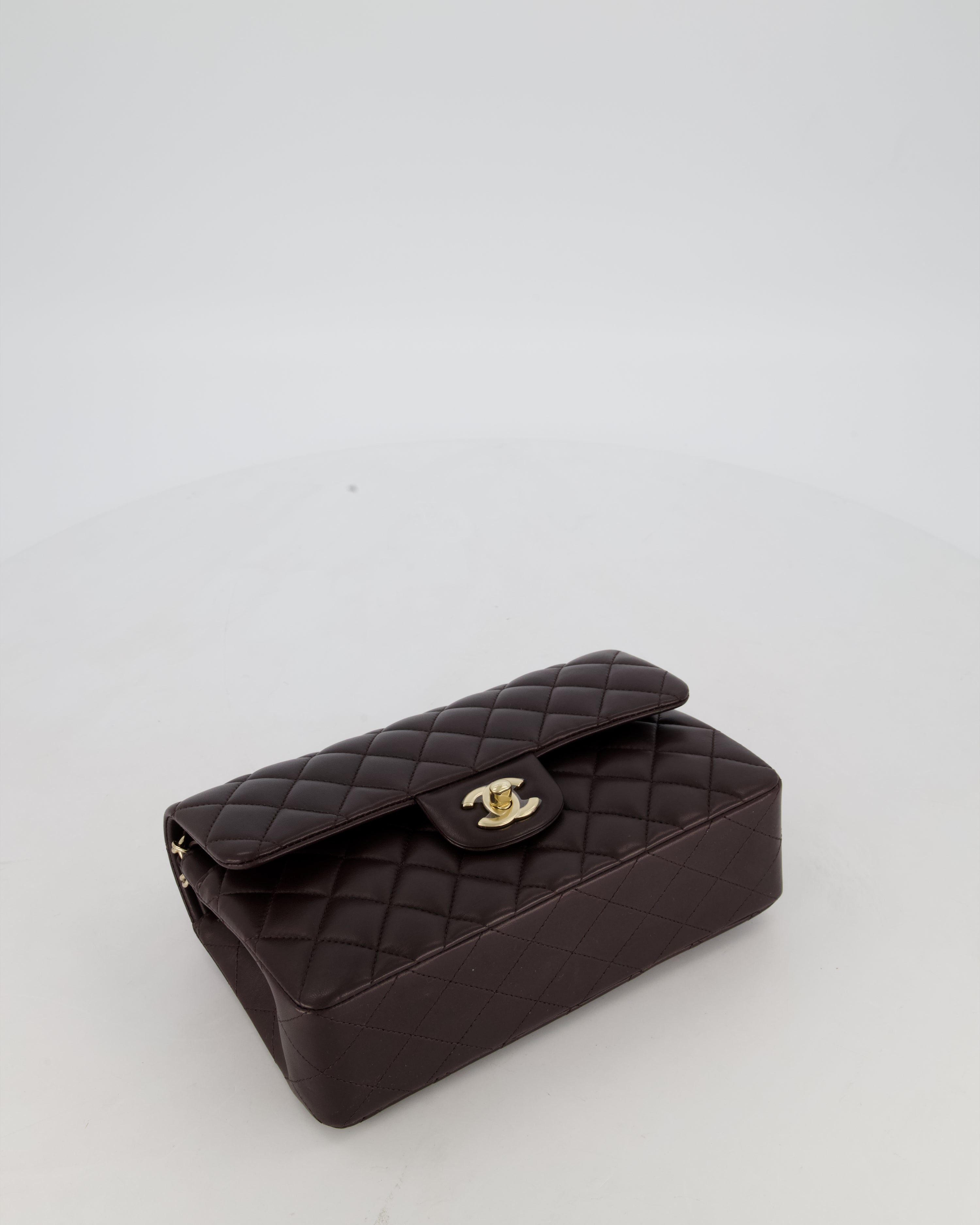 Chanel Brown Small Classic Double Flap Bag in Lambskin Leather with Champagne Gold Hardware