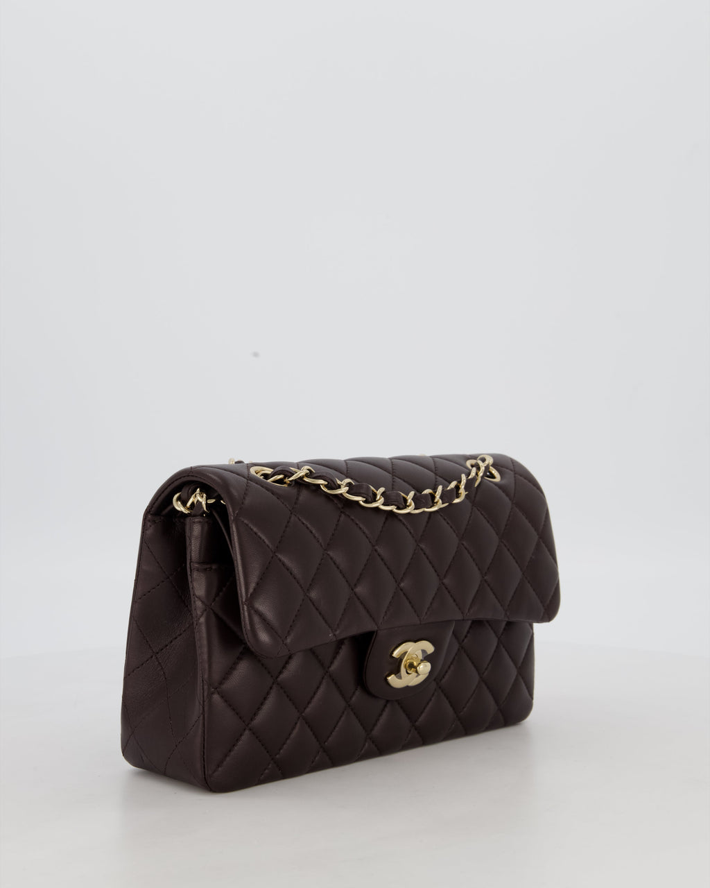 Chanel Brown Small Classic Double Flap Bag in Lambskin Leather with Champagne Gold Hardware