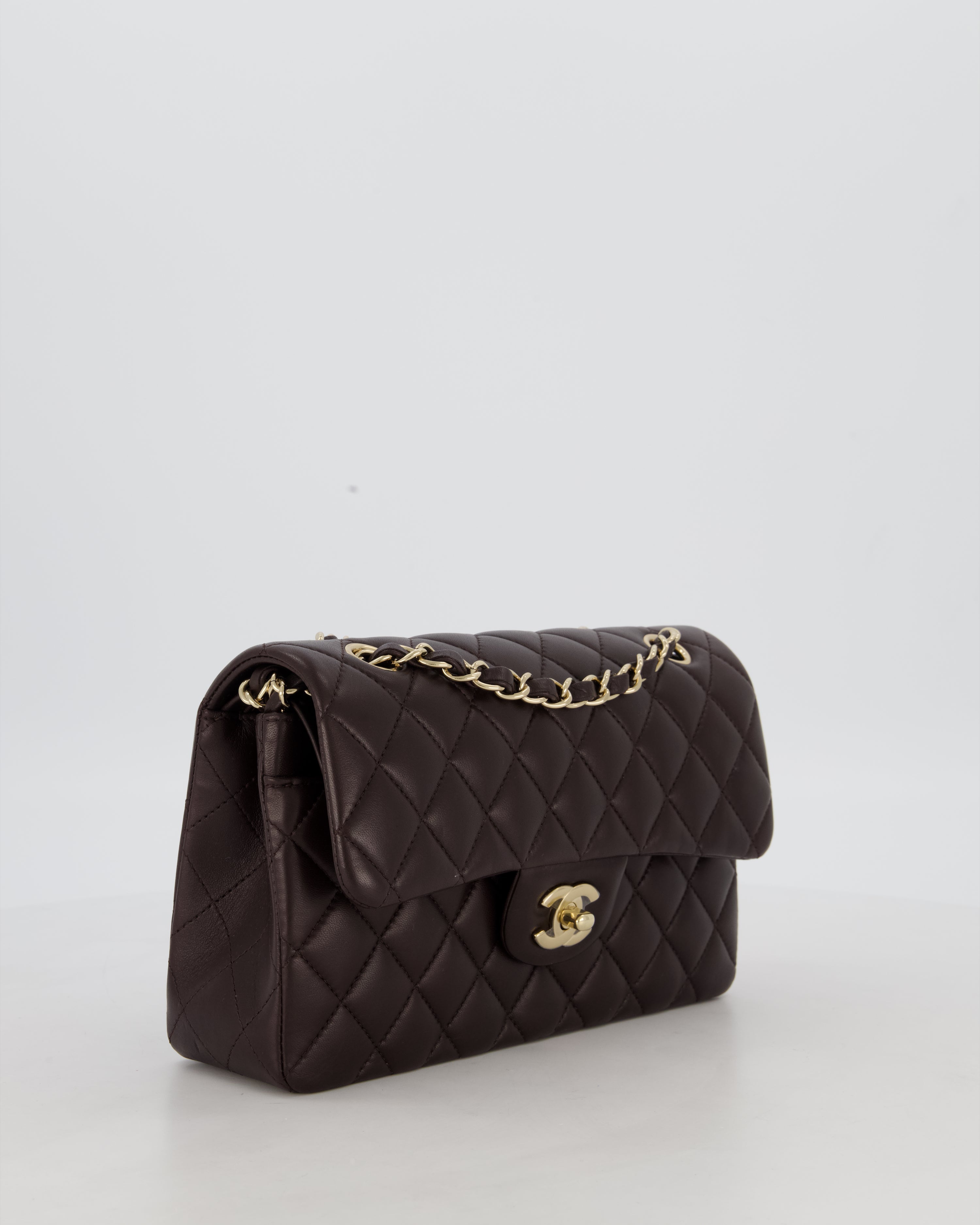 Chanel Brown Small Classic Double Flap Bag in Lambskin Leather with Champagne Gold Hardware