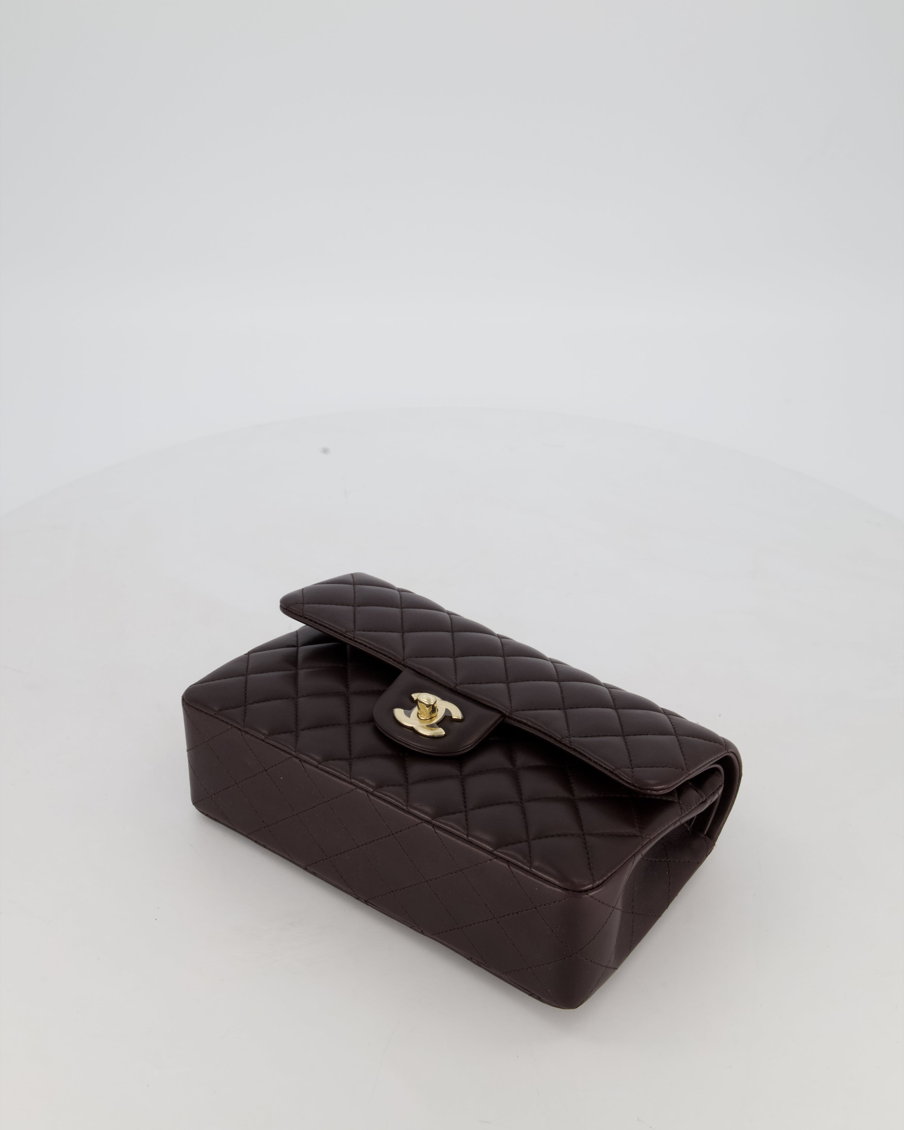 Chanel Brown Small Classic Double Flap Bag in Lambskin Leather with Champagne Gold Hardware