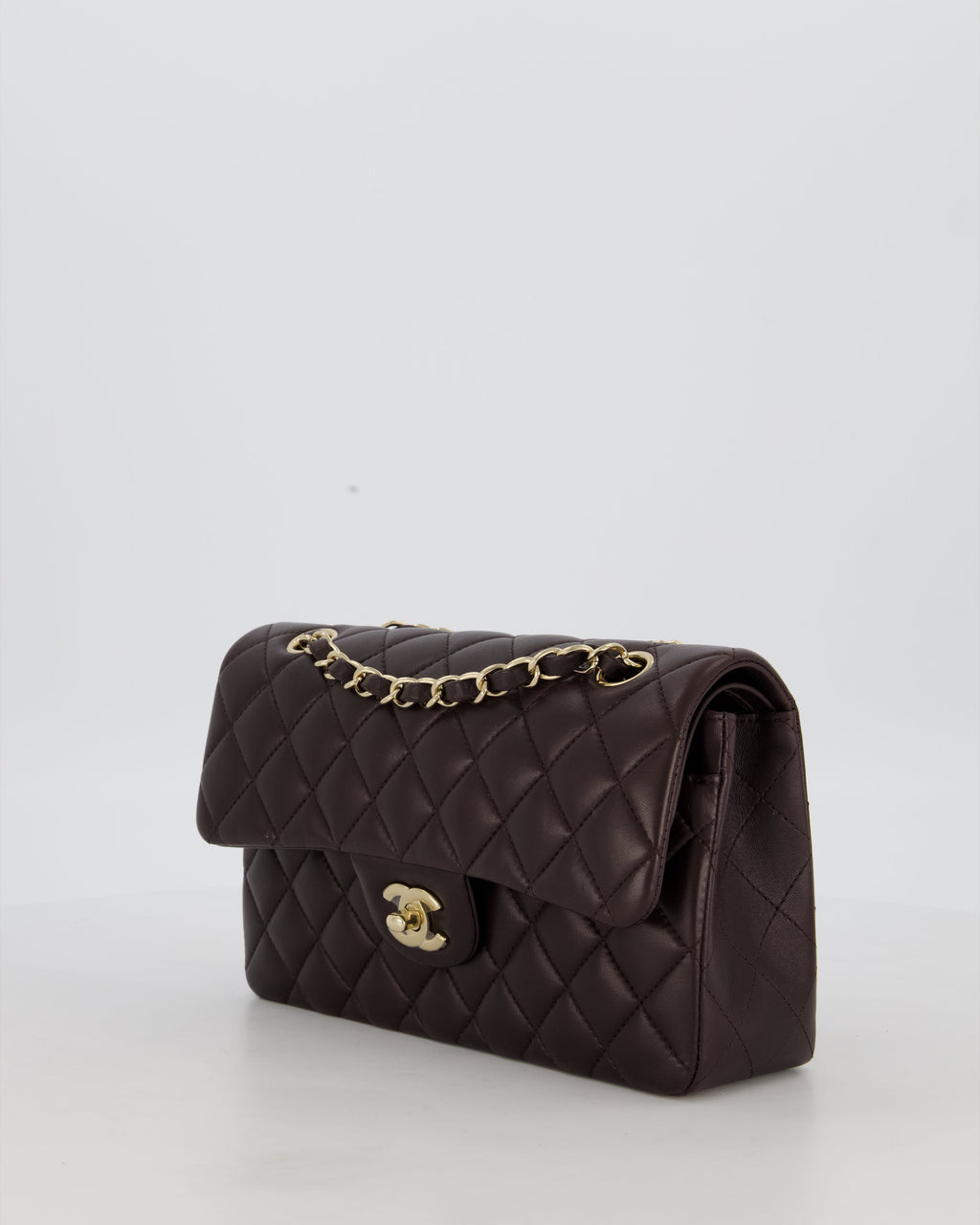 Chanel Brown Small Classic Double Flap Bag in Lambskin Leather with Champagne Gold Hardware