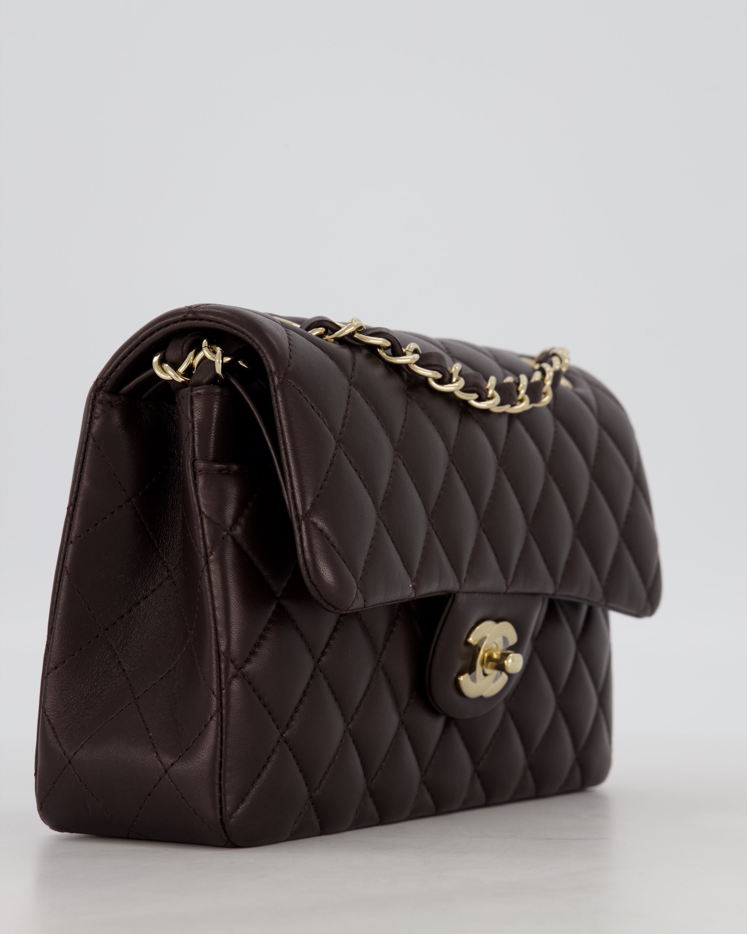 Chanel Brown Small Classic Double Flap Bag in Lambskin Leather with Champagne Gold Hardware