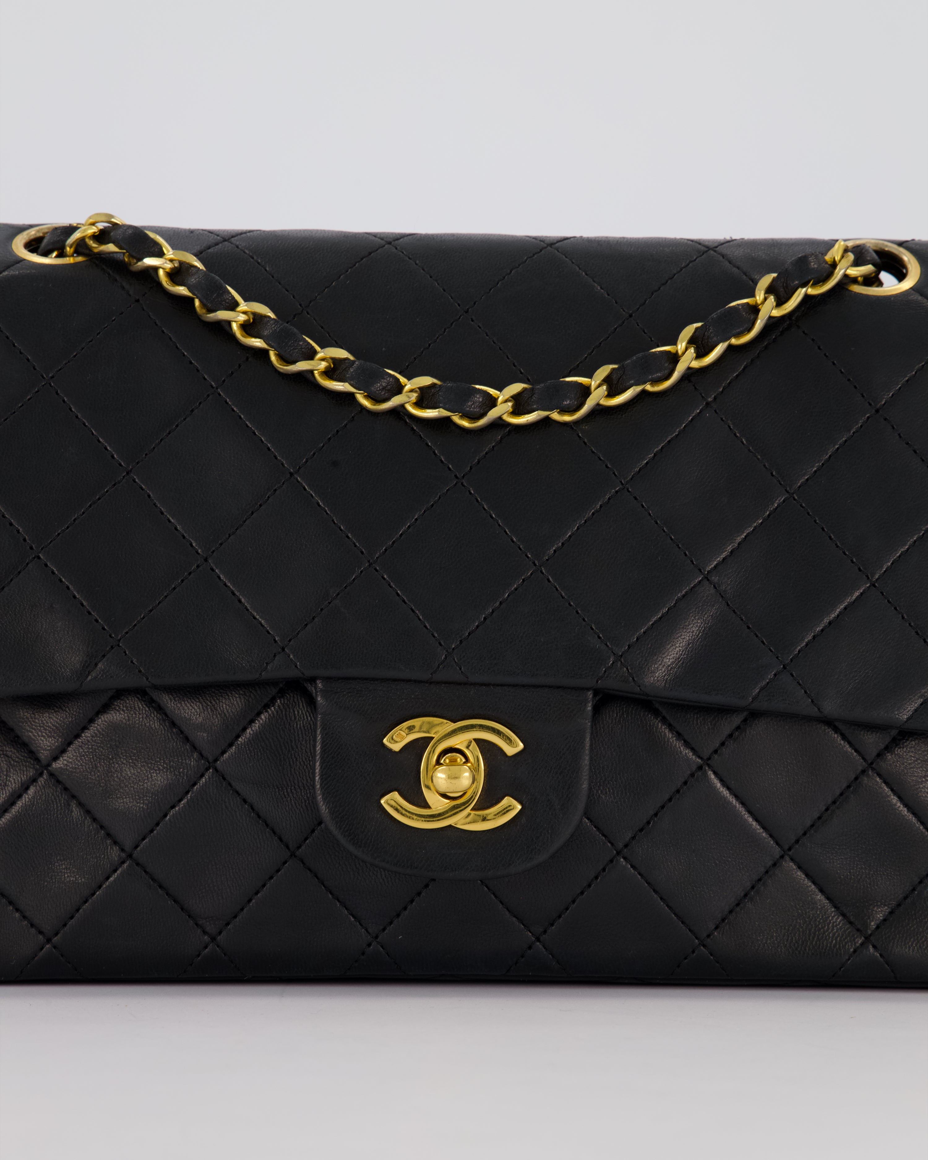 Chanel Vintage Black Medium Classic Double Flap Bag in Lambskin Leather with 24K Gold Hardware