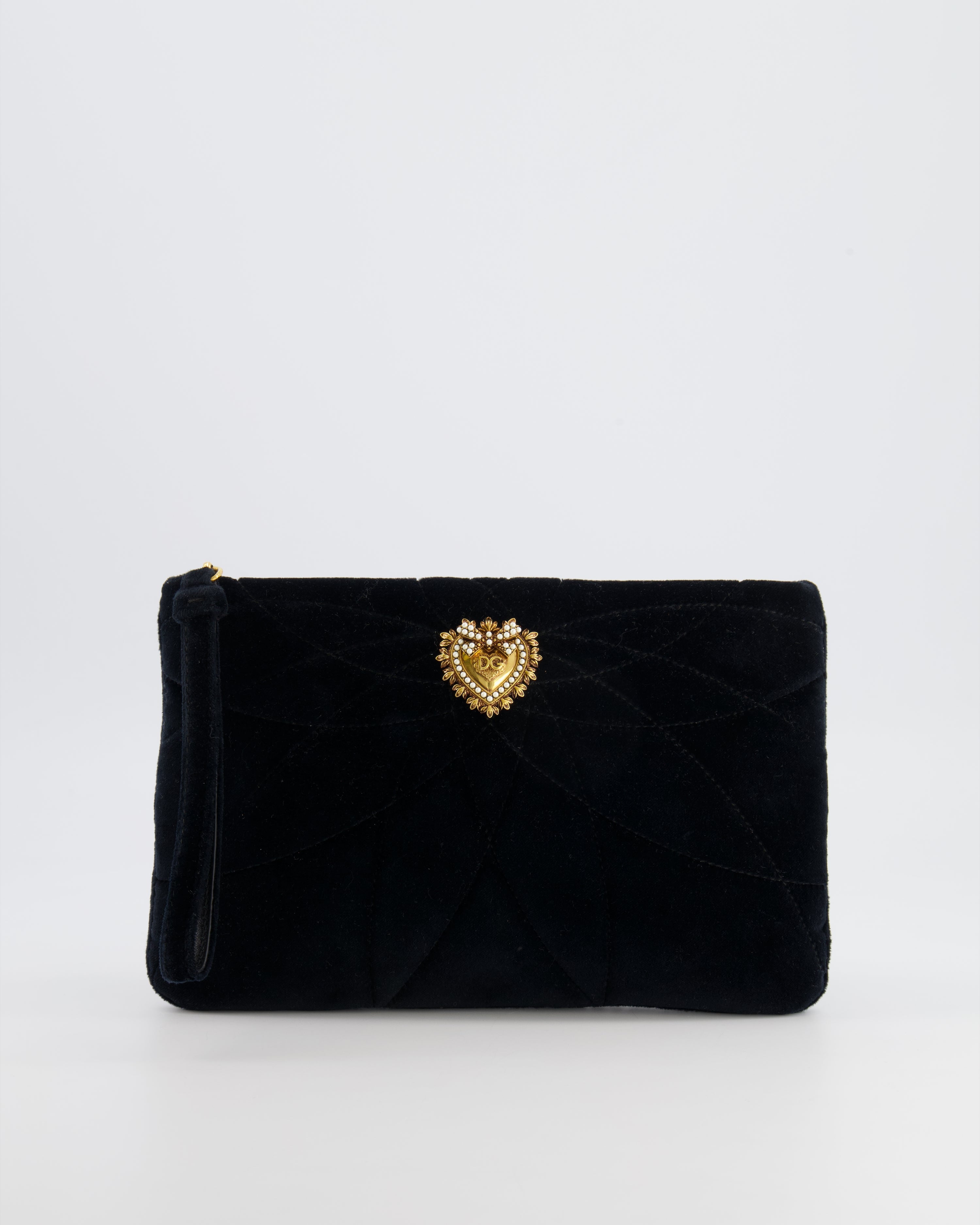 Dolce & Gabbana Black Velours Devotion Clutch Bag with Gold Heart Detail RRP £995