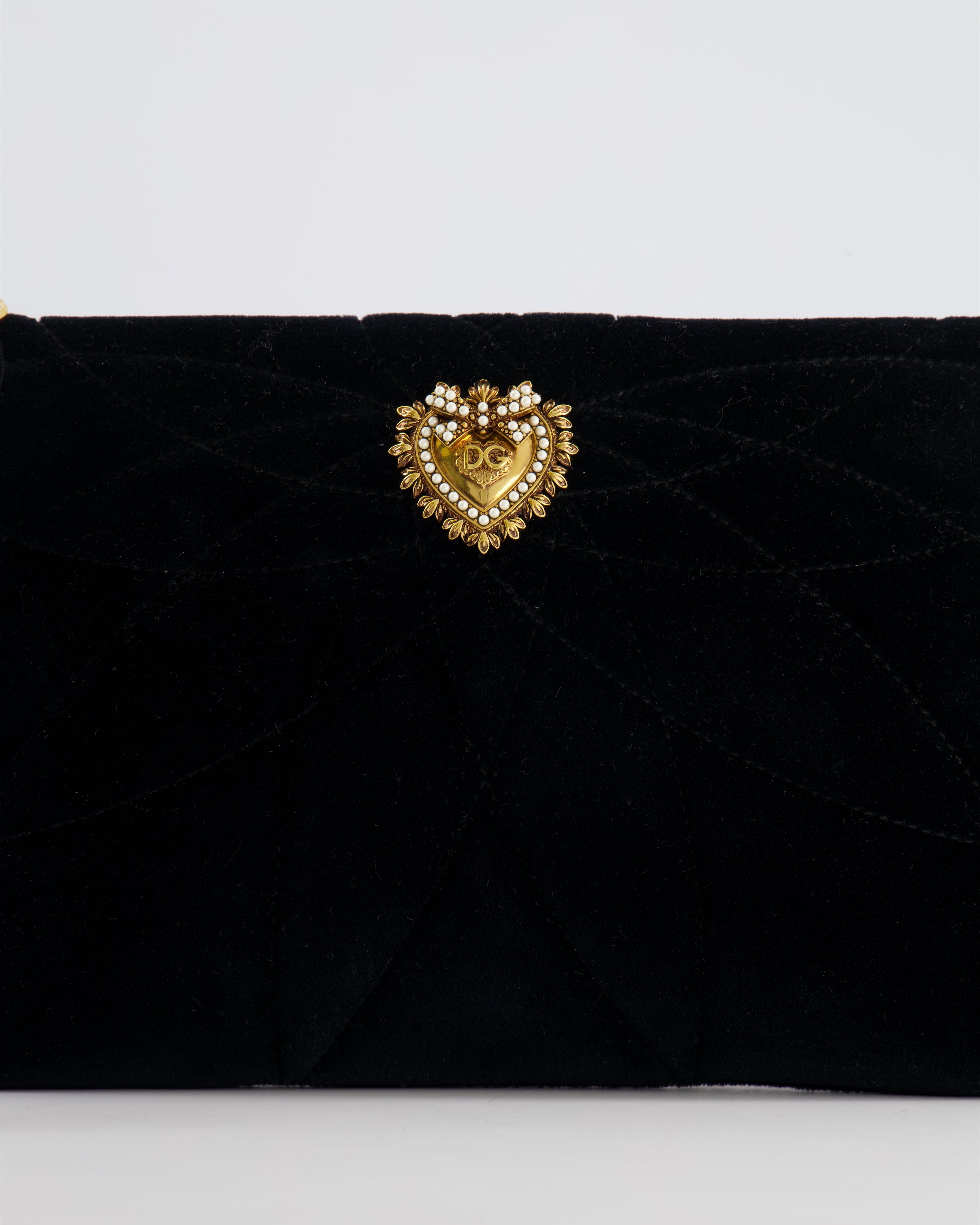 Dolce & Gabbana Black Velours Devotion Clutch Bag with Gold Heart Detail RRP £995