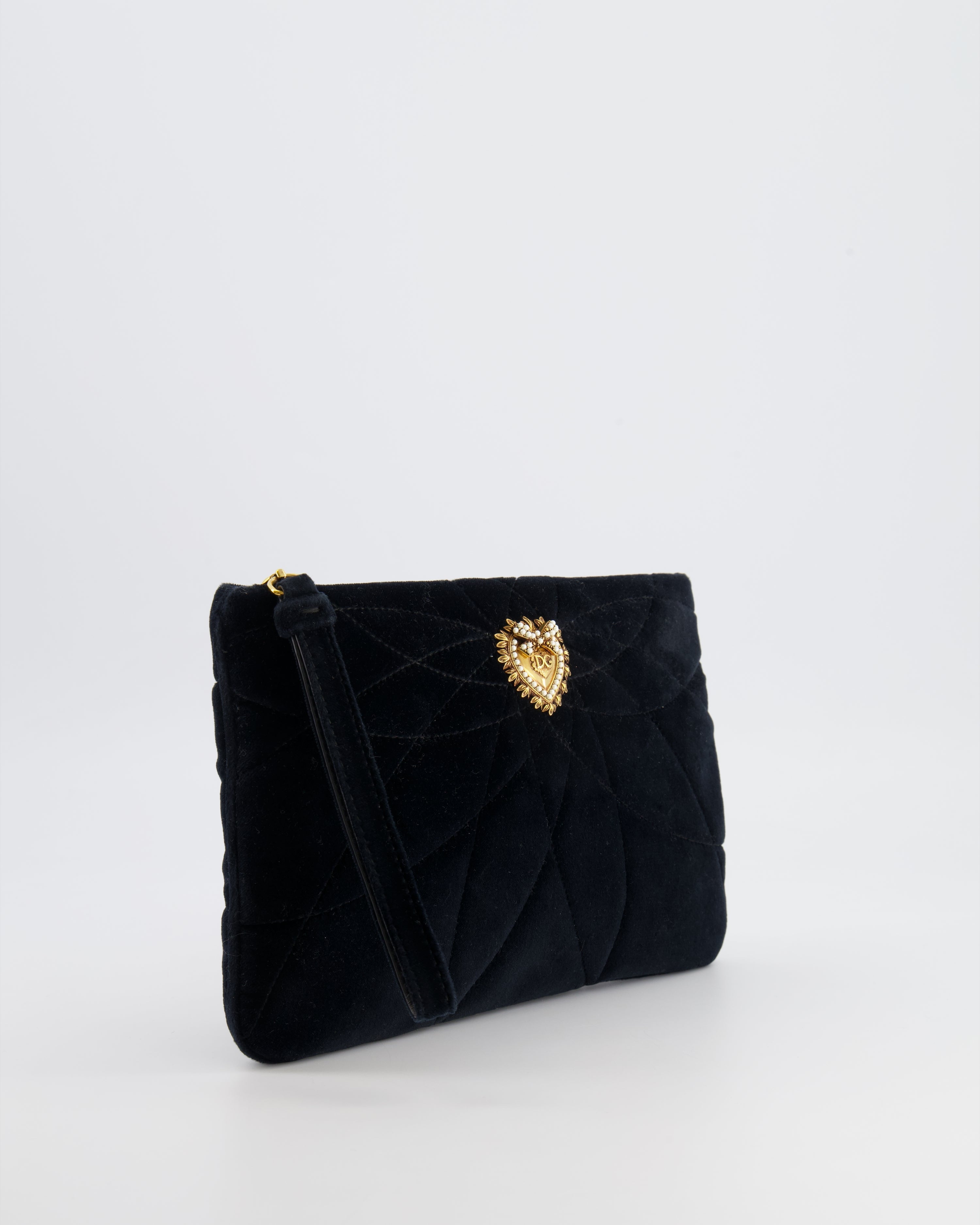 Dolce & Gabbana Black Velours Devotion Clutch Bag with Gold Heart Detail RRP £995