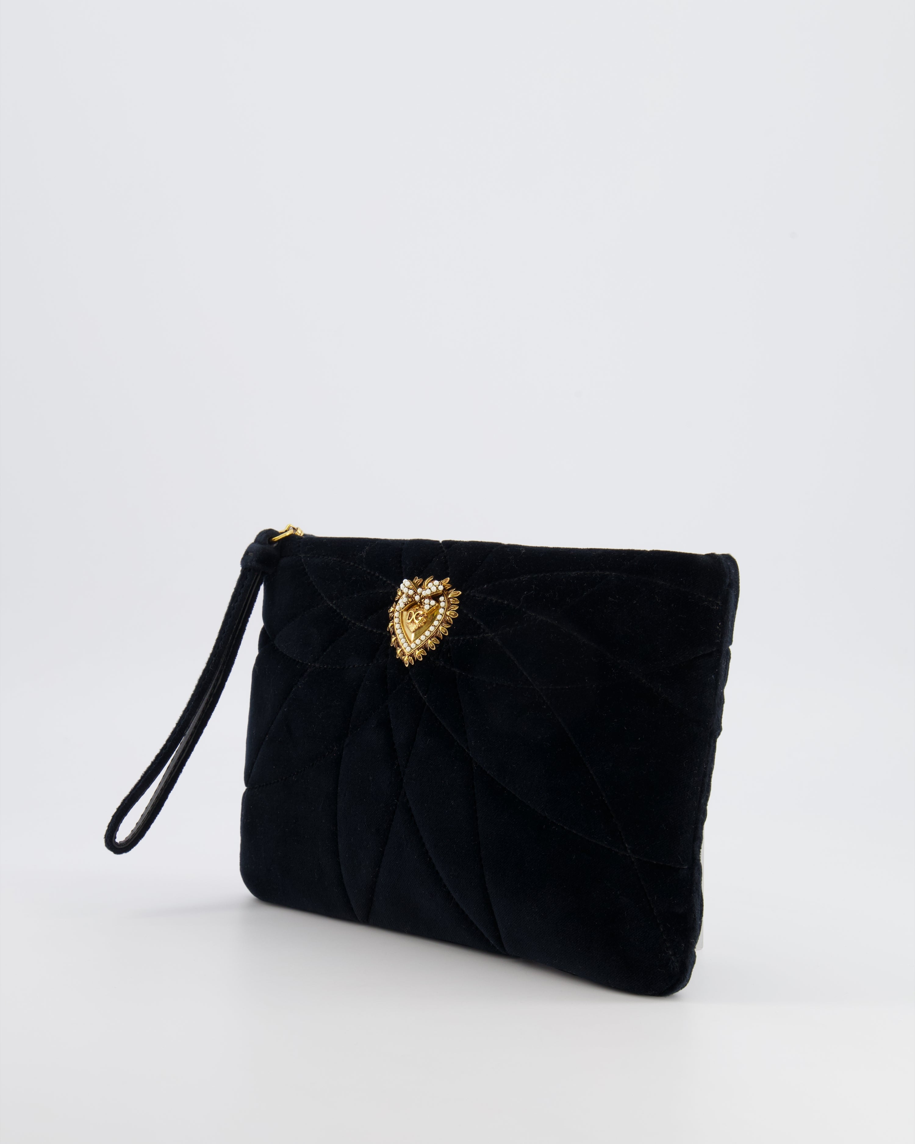 Dolce & Gabbana Black Velours Devotion Clutch Bag with Gold Heart Detail RRP £995