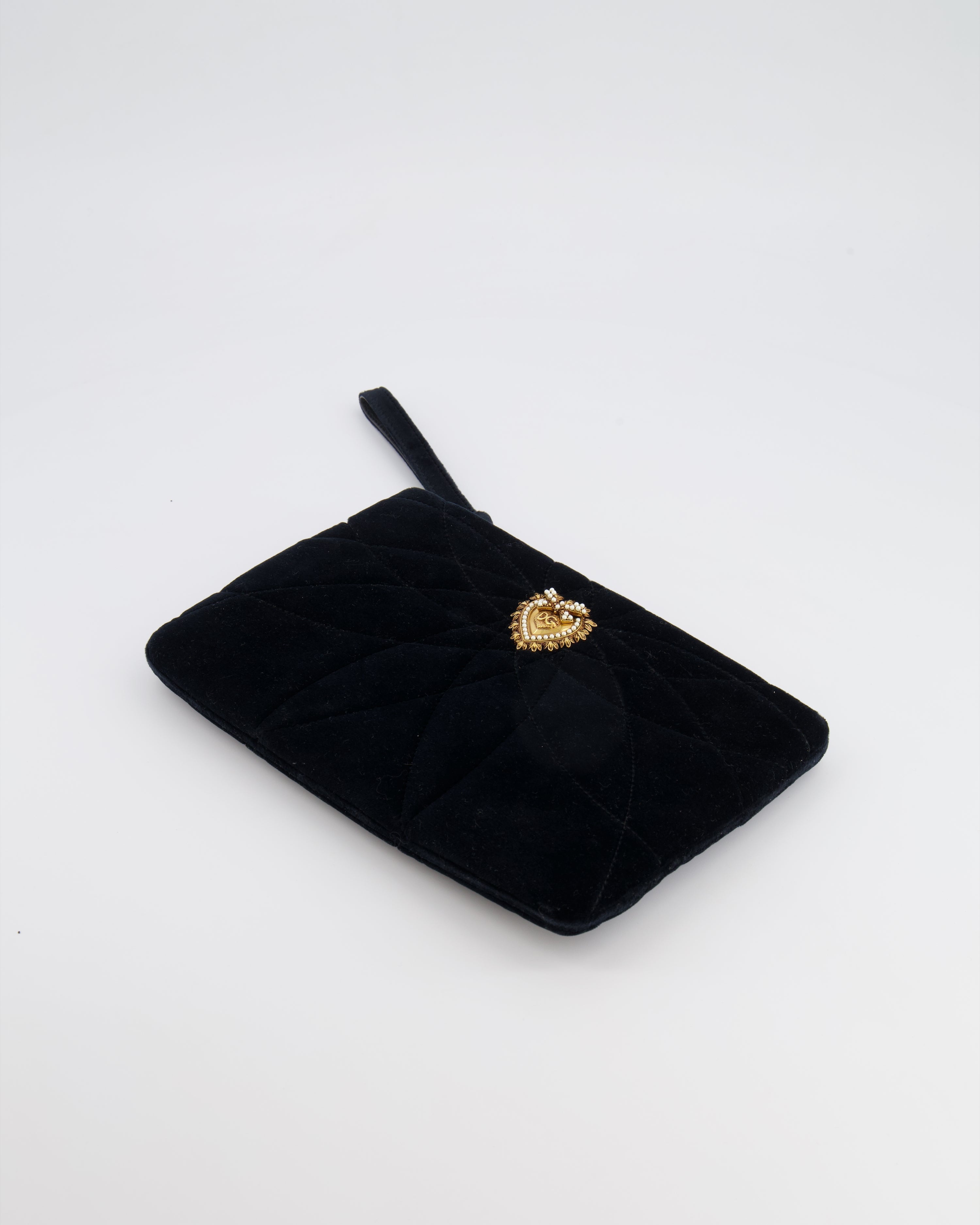 Dolce & Gabbana Black Velours Devotion Clutch Bag with Gold Heart Detail RRP £995