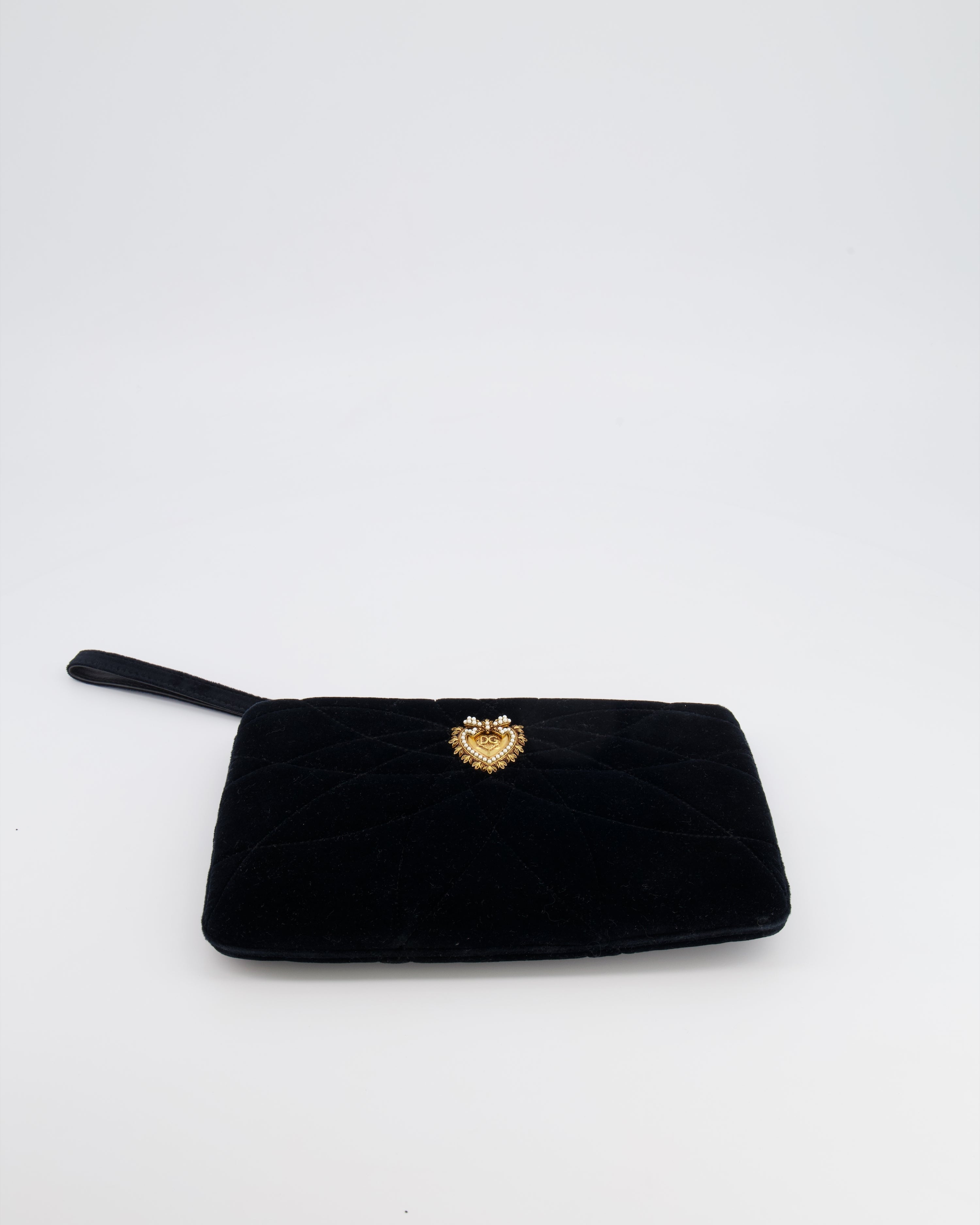 Dolce & Gabbana Black Velours Devotion Clutch Bag with Gold Heart Detail RRP £995