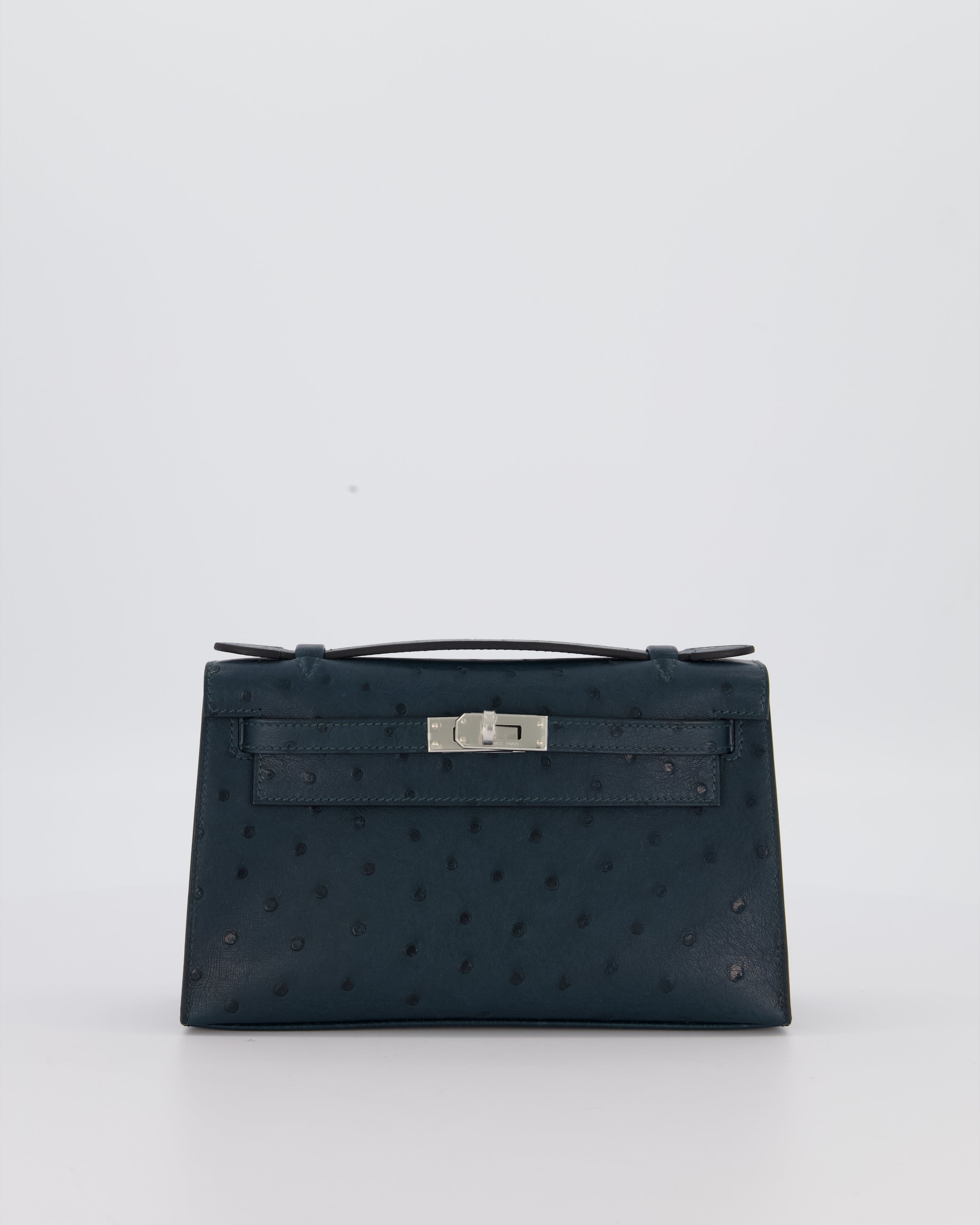 *SUPER RARE* Hermès Mini Kelly Pochette Bag in Vert Cypres Ostrich Leather with Palladium Hardware
