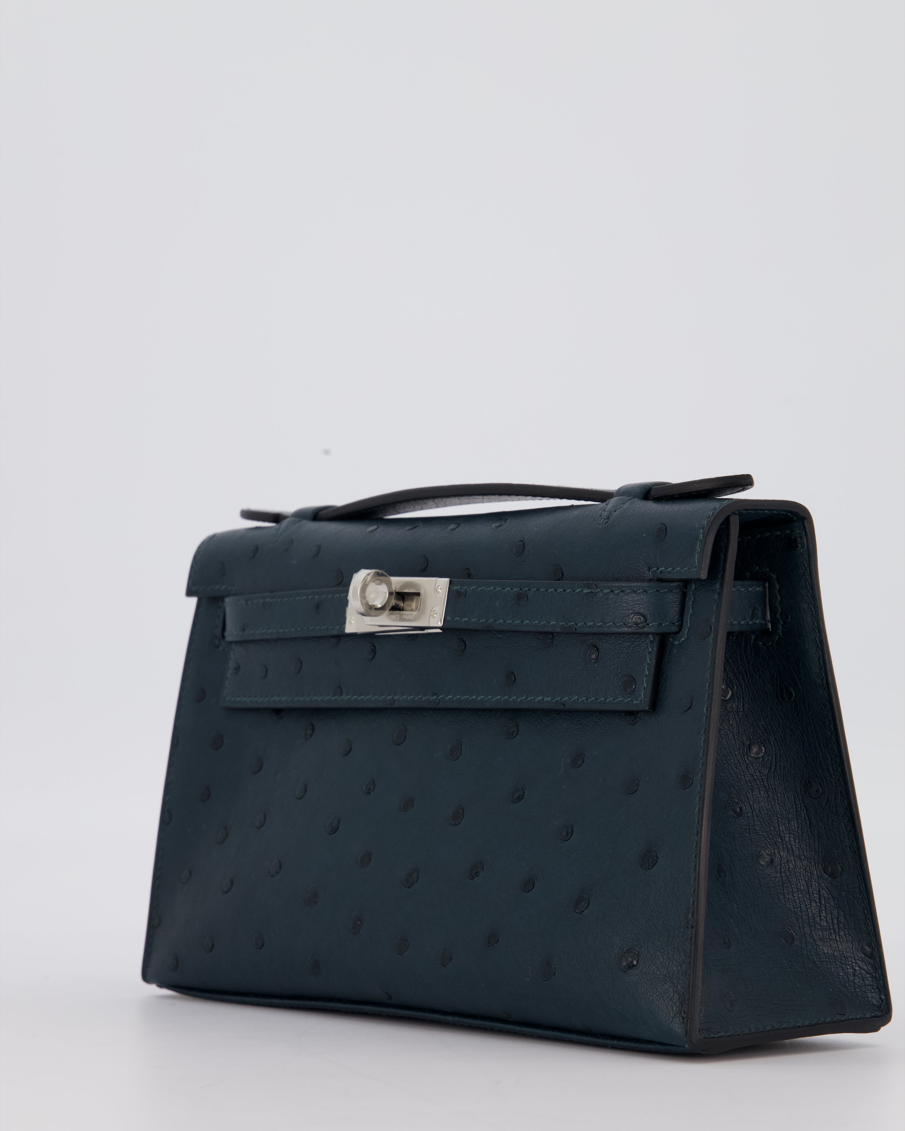 *SUPER RARE* Hermès Mini Kelly Pochette Bag in Vert Cypres Ostrich Leather with Palladium Hardware