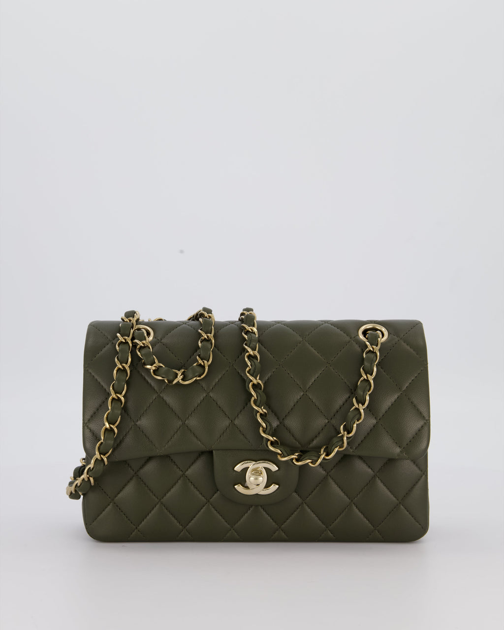 Chanel Olive Green Small Classic Double Flap Bag in Lambskin Leather with Champagne Gold Hardware