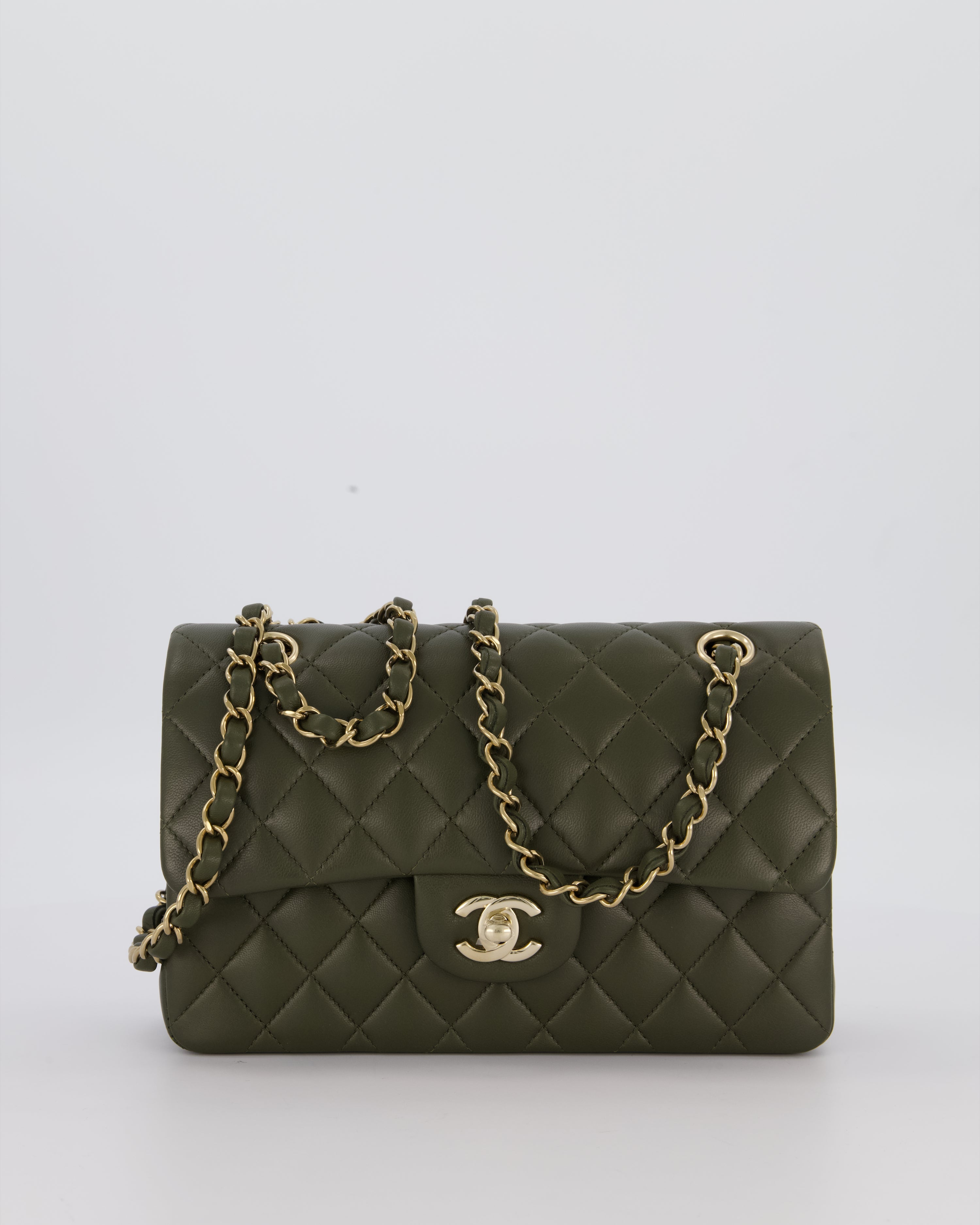 Chanel Olive Green Small Classic Double Flap Bag in Lambskin Leather with Champagne Gold Hardware