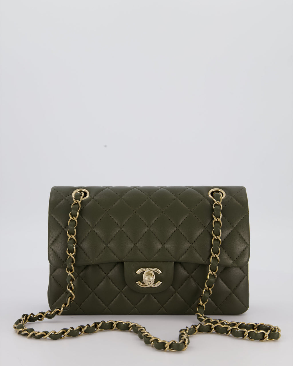 Chanel Olive Green Small Classic Double Flap Bag in Lambskin Leather with Champagne Gold Hardware