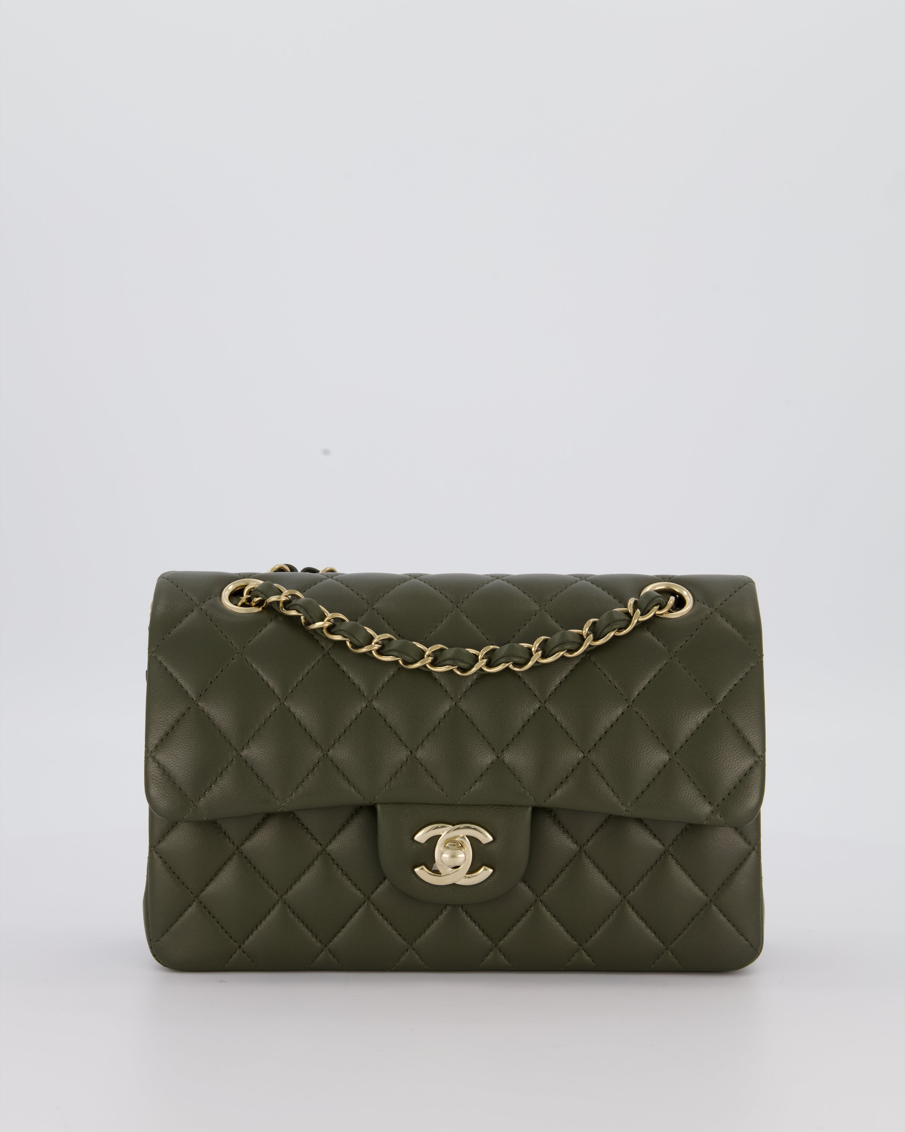 Chanel Olive Green Small Classic Double Flap Bag in Lambskin Leather with Champagne Gold Hardware