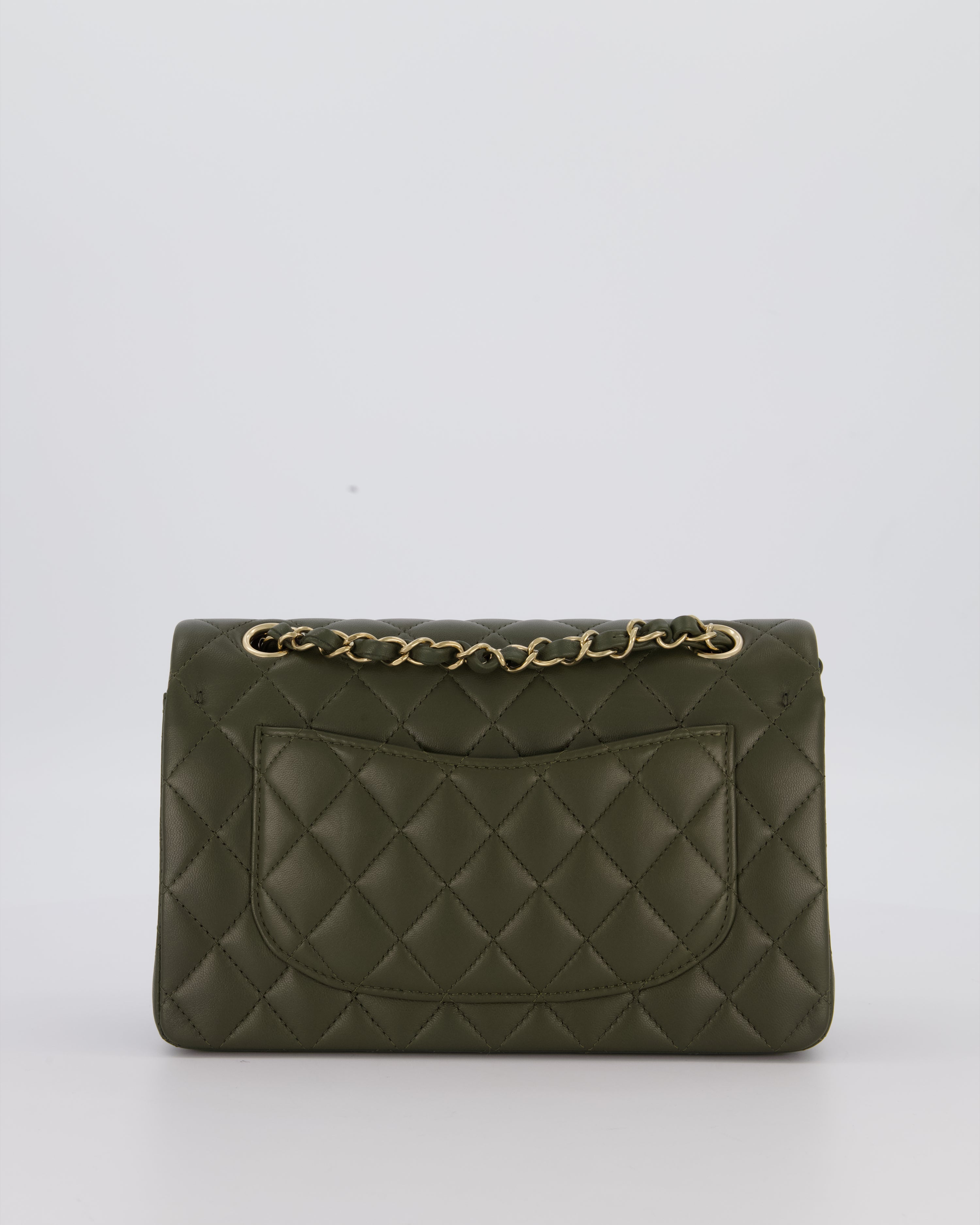 Chanel Olive Green Small Classic Double Flap Bag in Lambskin Leather with Champagne Gold Hardware