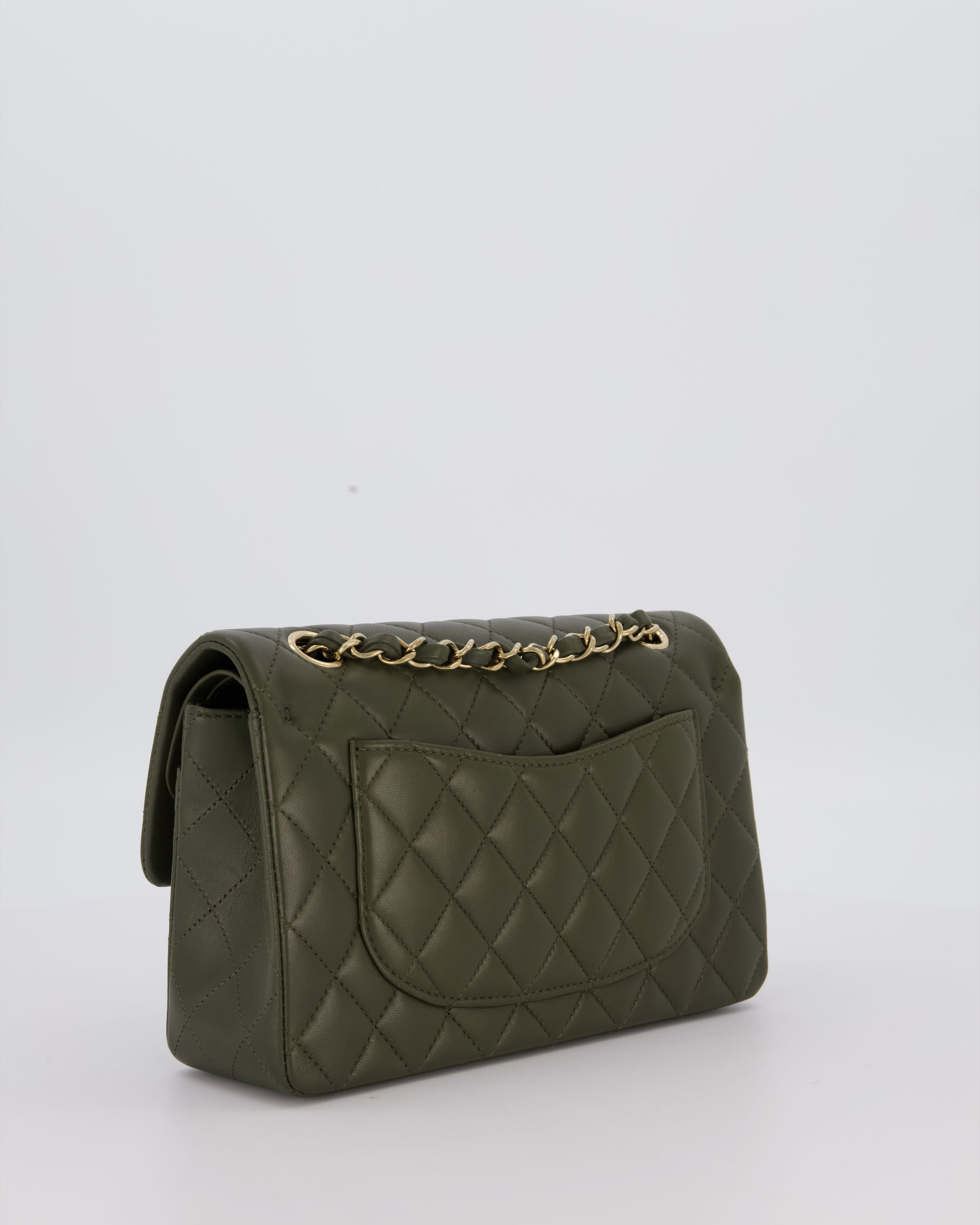 Chanel Olive Green Small Classic Double Flap Bag in Lambskin Leather with Champagne Gold Hardware