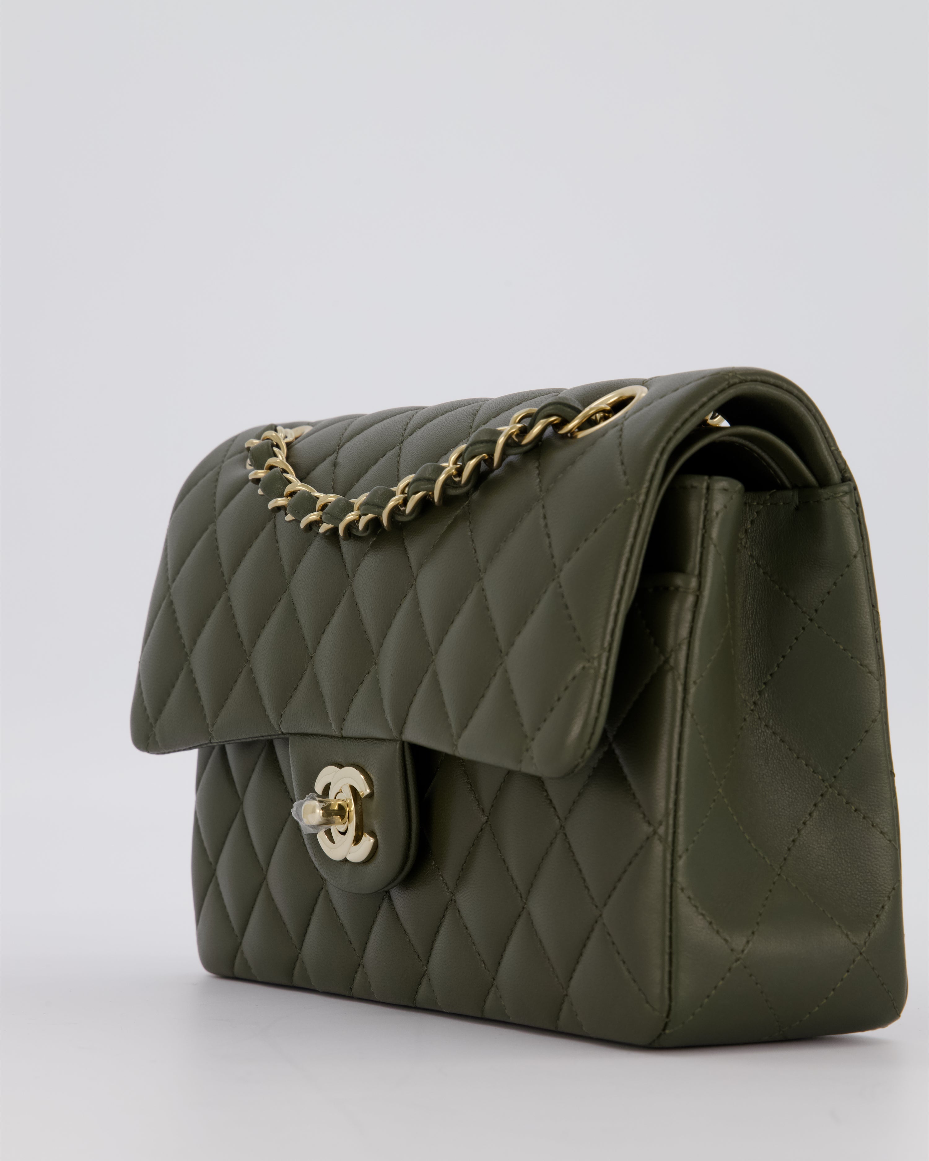 Chanel Olive Green Small Classic Double Flap Bag in Lambskin Leather with Champagne Gold Hardware