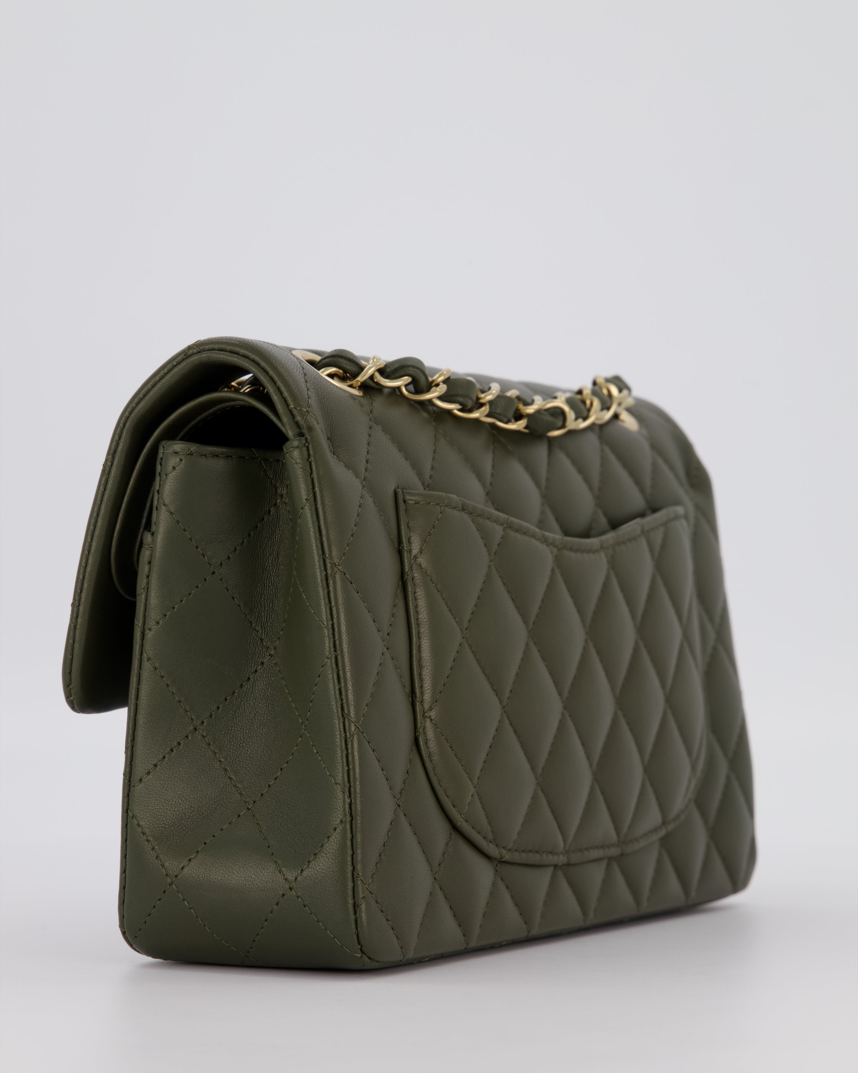 Chanel Olive Green Small Classic Double Flap Bag in Lambskin Leather with Champagne Gold Hardware